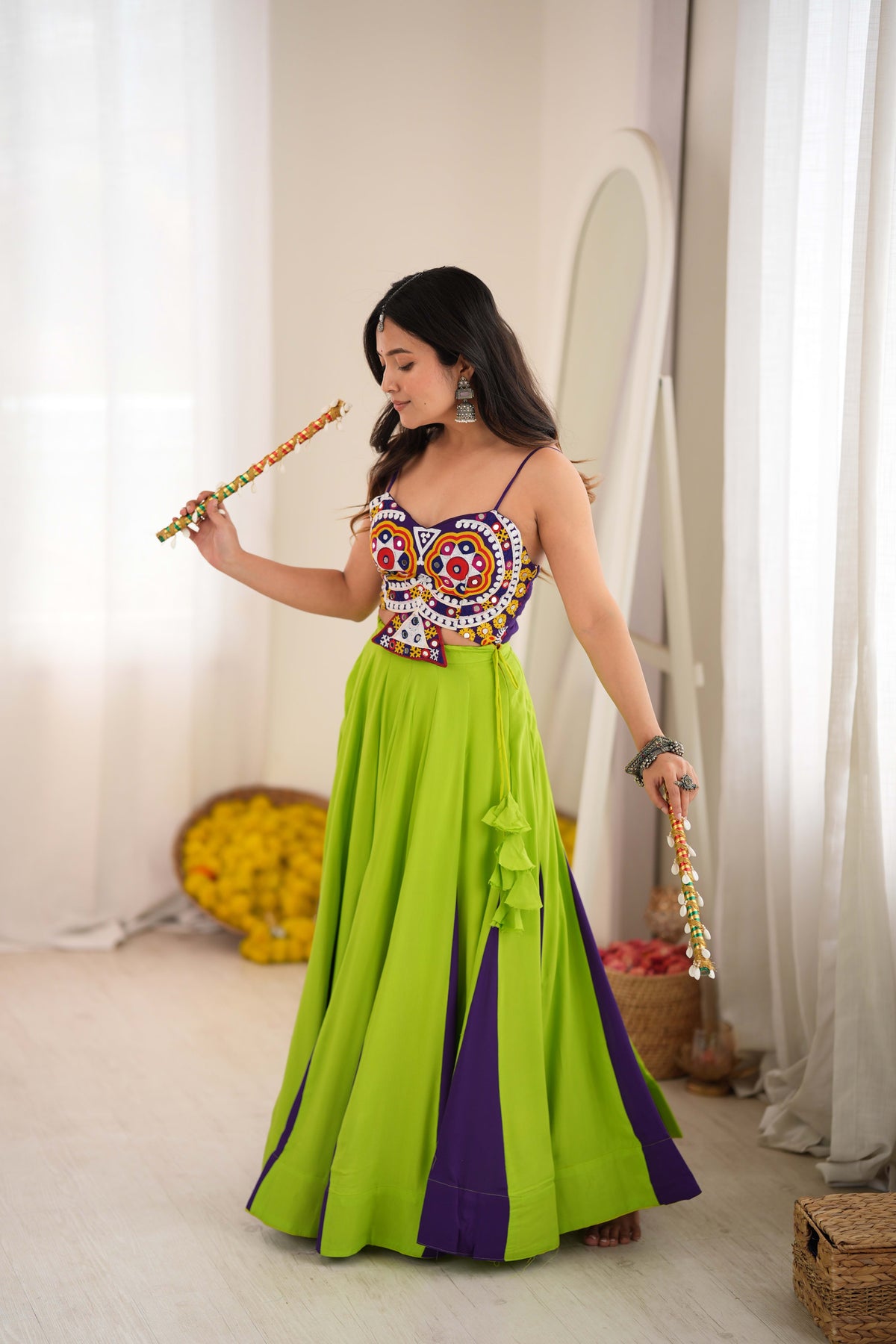Lime Green and Purple Reyon Lehenga Choli with Gota Patti Work