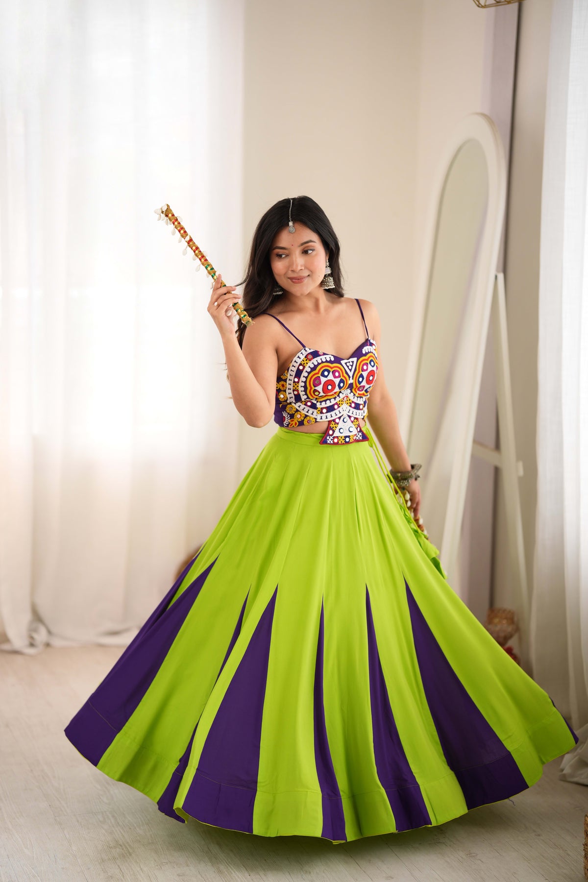Lime Green and Purple Reyon Lehenga Choli with Gota Patti Work