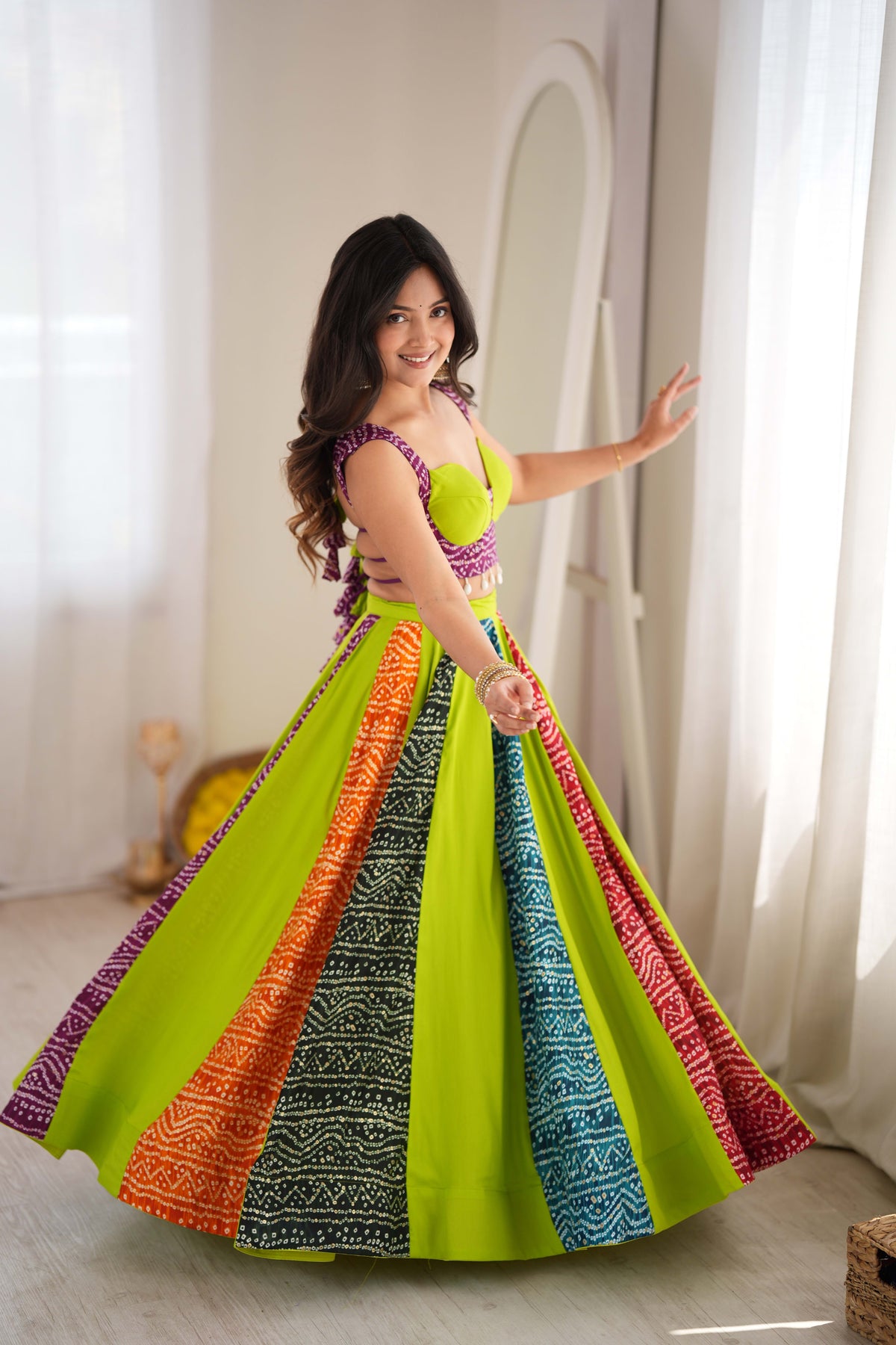 Lime Green Rayon Digital Print Lehenga Choli
