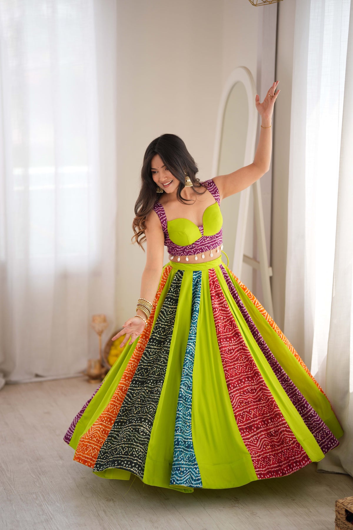 Lime Green Rayon Digital Print Lehenga Choli