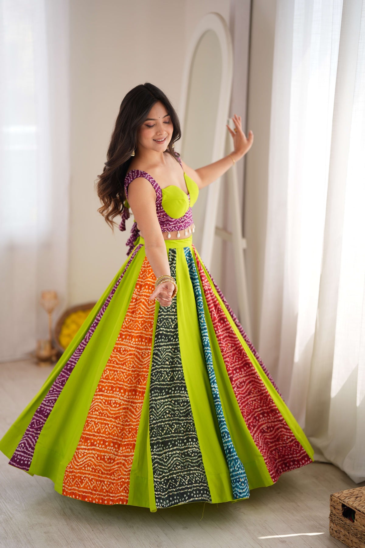 Lime Green Rayon Digital Print Lehenga Choli