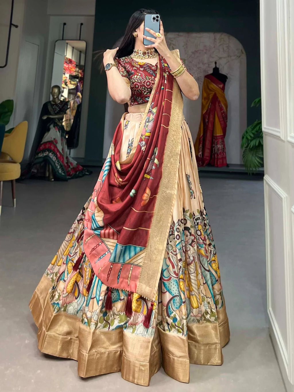 Cream Marvelous Kalamkari Printed Dola Silk Lehenga Choli With Dupatta