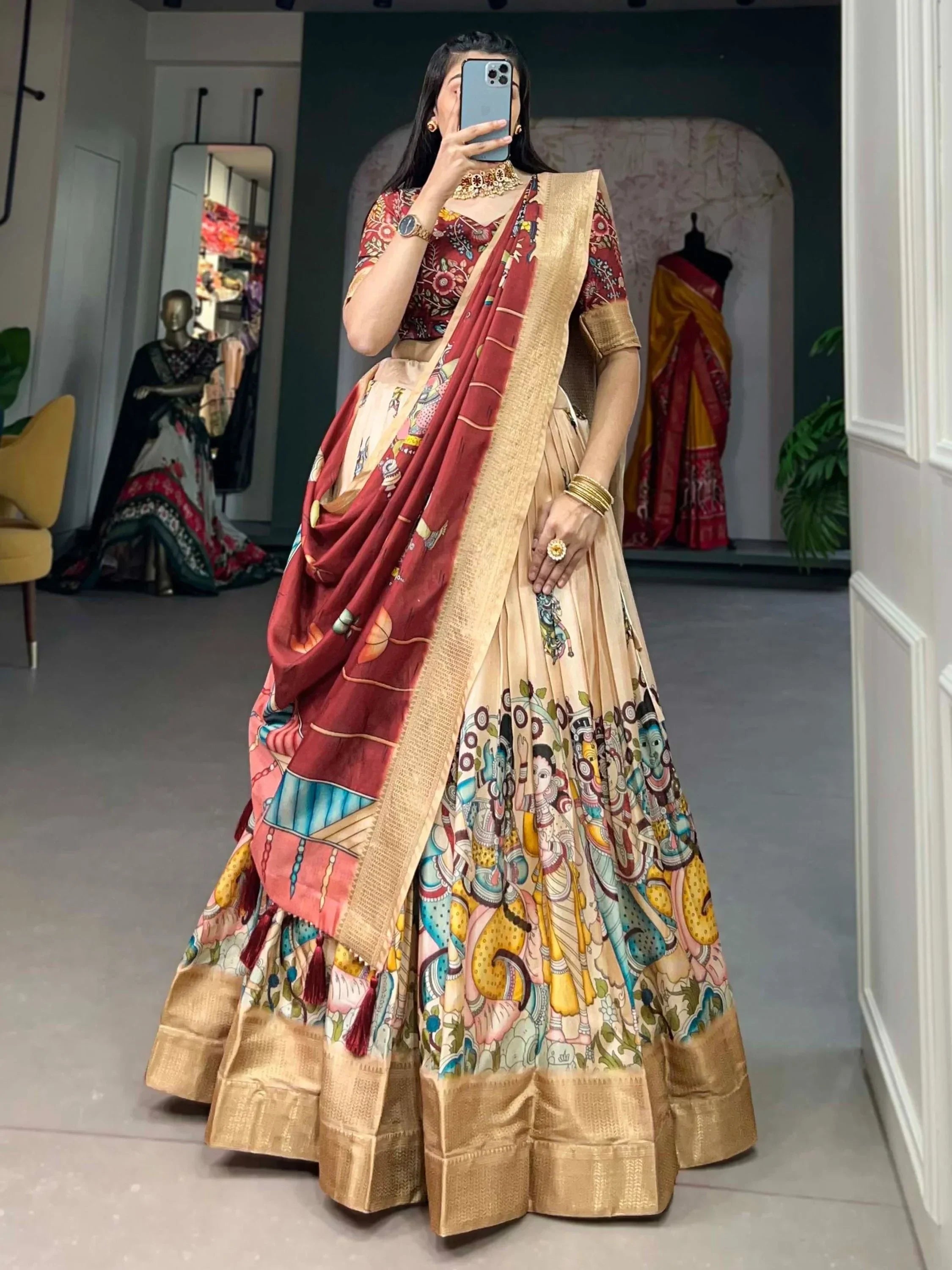 Cream Marvelous Kalamkari Printed Dola Silk Lehenga Choli With Dupatta