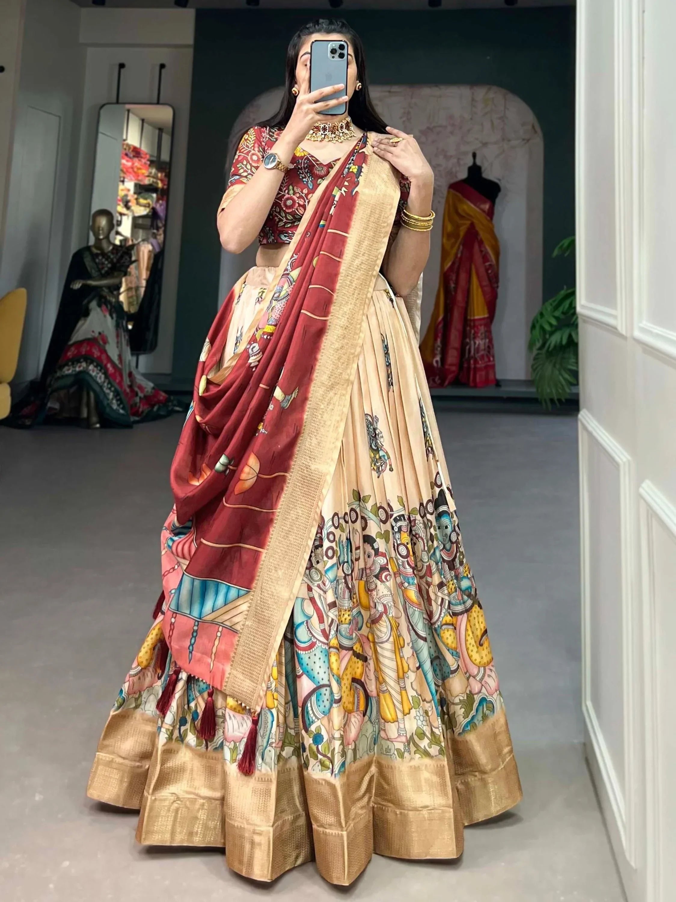 Cream Marvelous Kalamkari Printed Dola Silk Lehenga Choli With Dupatta