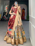 Cream Marvelous Kalamkari Printed Dola Silk Lehenga Choli With Dupatta