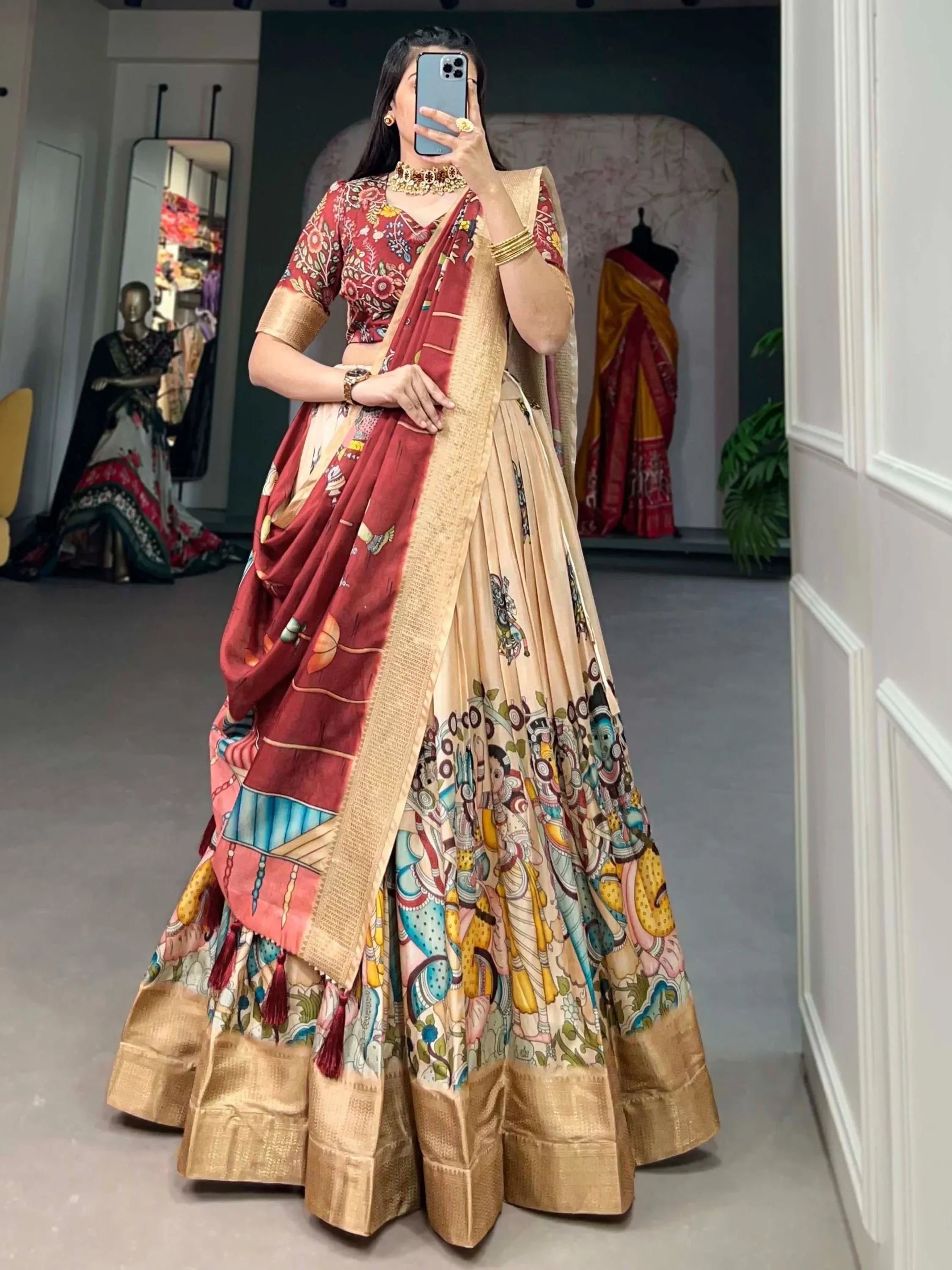 Cream Marvelous Kalamkari Printed Dola Silk Lehenga Choli With Dupatta