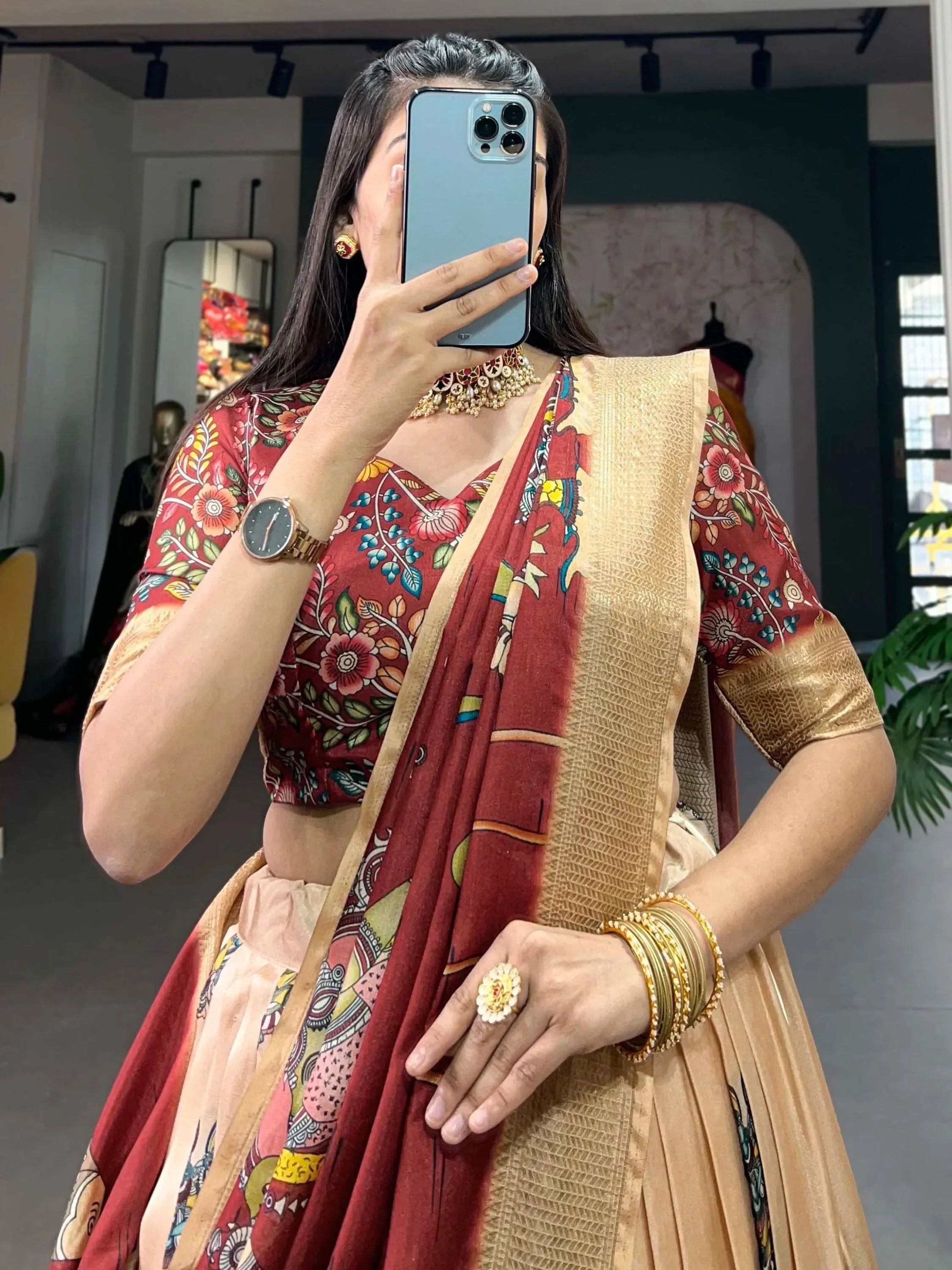 Cream Marvelous Kalamkari Printed Dola Silk Lehenga Choli With Dupatta