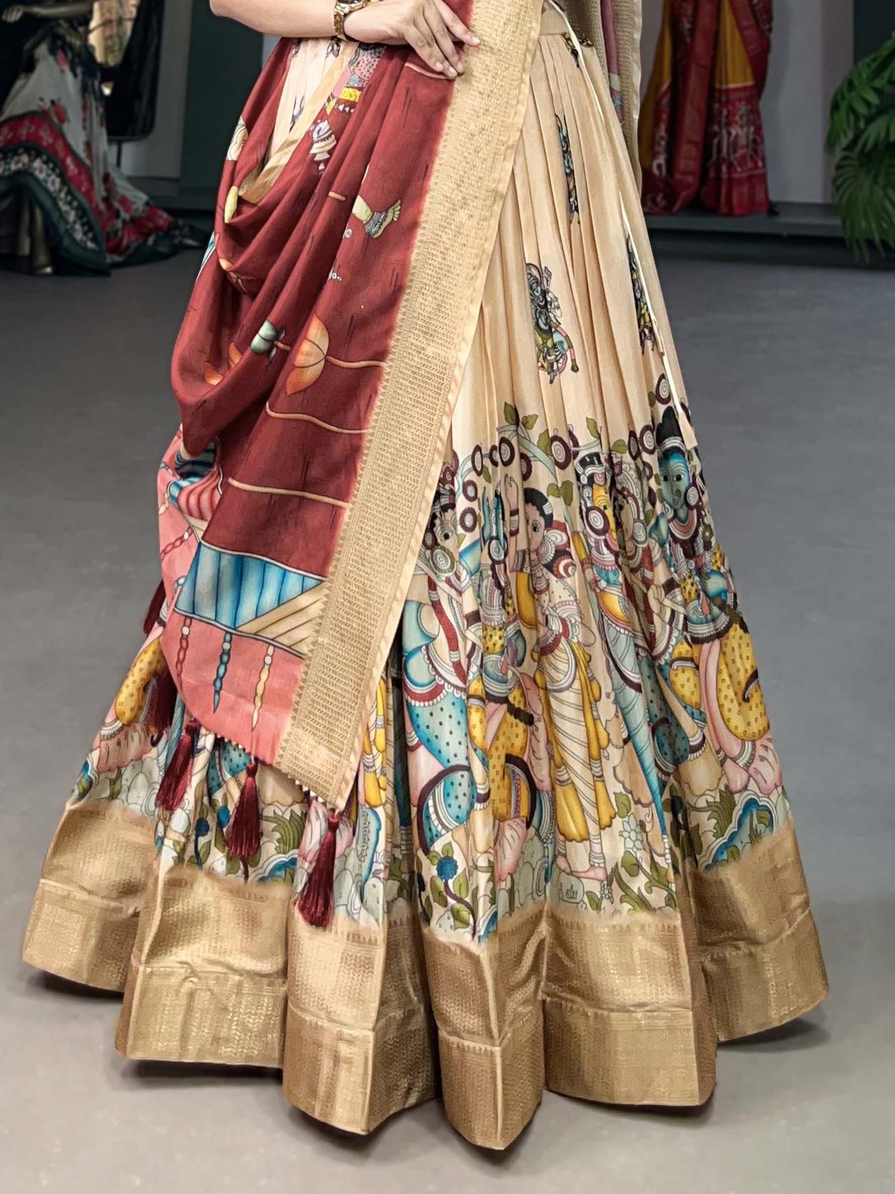 Cream Marvelous Kalamkari Printed Dola Silk Lehenga Choli With Dupatta