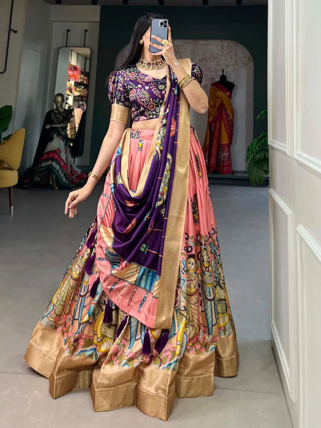 Peach Marvelous Kalamkari Printed Dola Silk Lehenga Choli With Dupatta