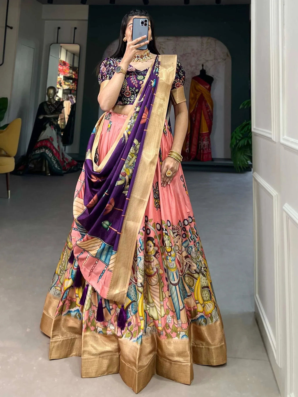 Peach Marvelous Kalamkari Printed Dola Silk Lehenga Choli With Dupatta