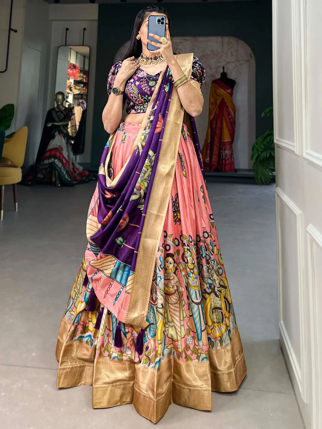 Peach Marvelous Kalamkari Printed Dola Silk Lehenga Choli With Dupatta