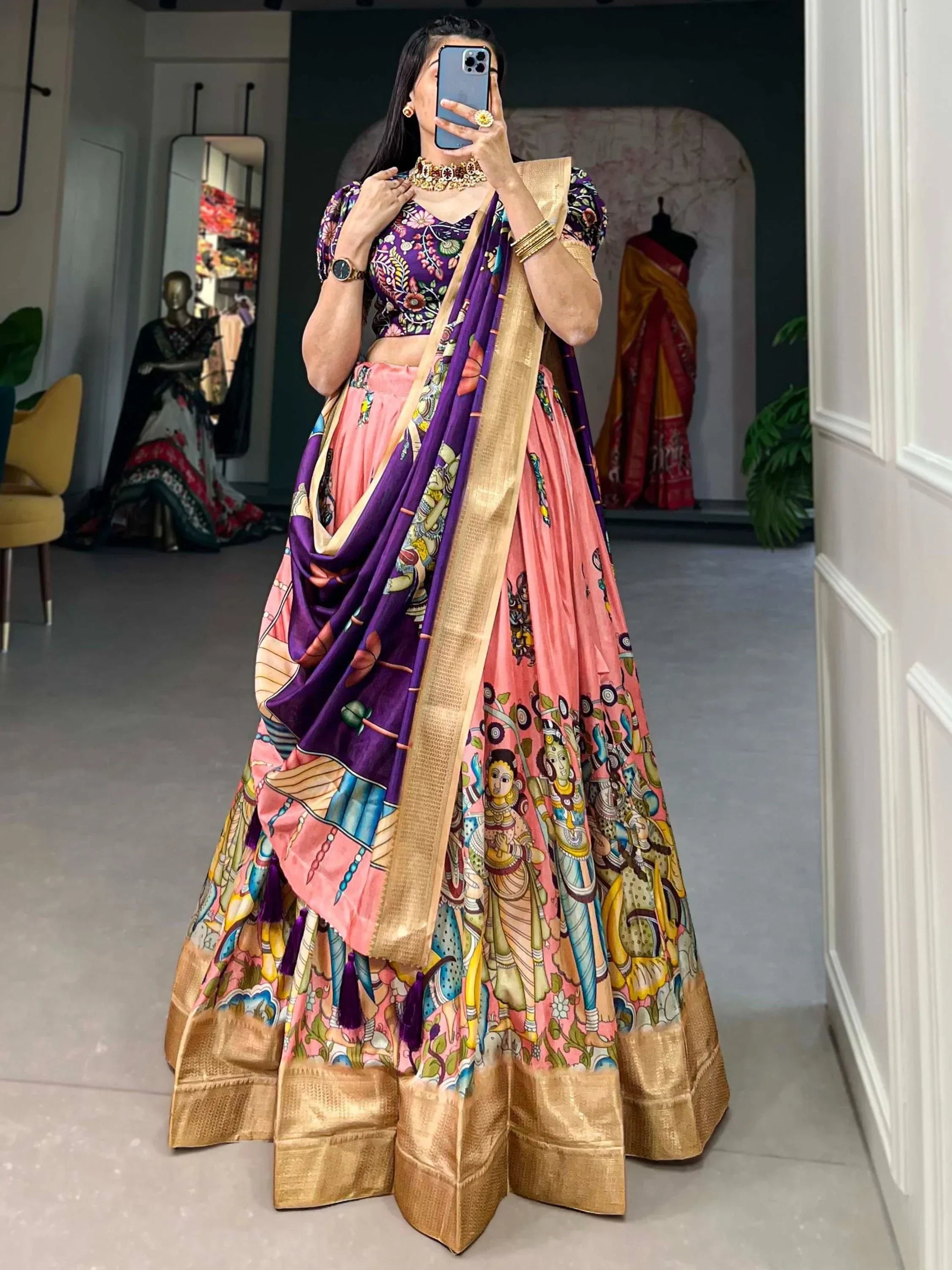 Peach Marvelous Kalamkari Printed Dola Silk Lehenga Choli With Dupatta