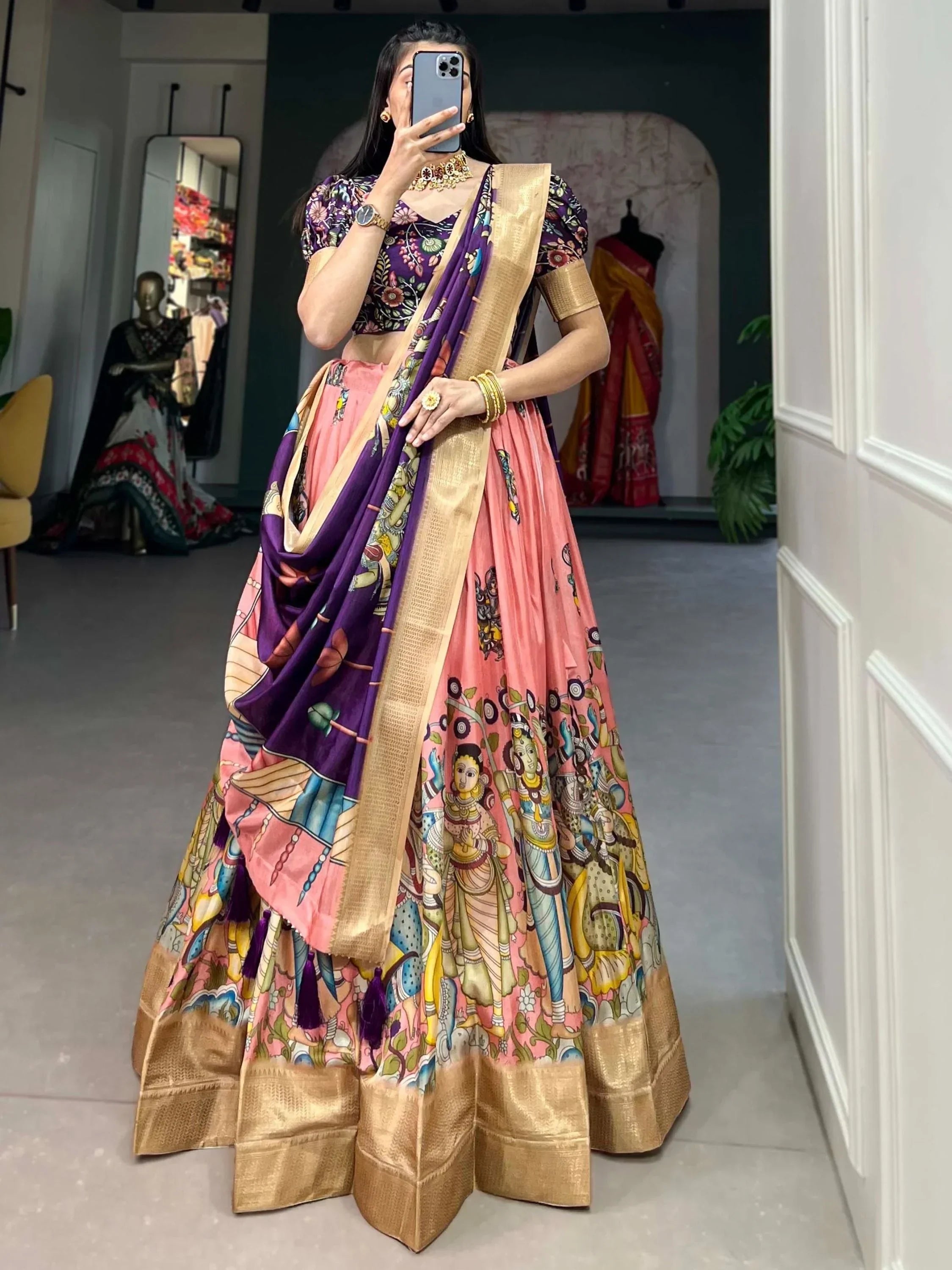Peach Marvelous Kalamkari Printed Dola Silk Lehenga Choli With Dupatta
