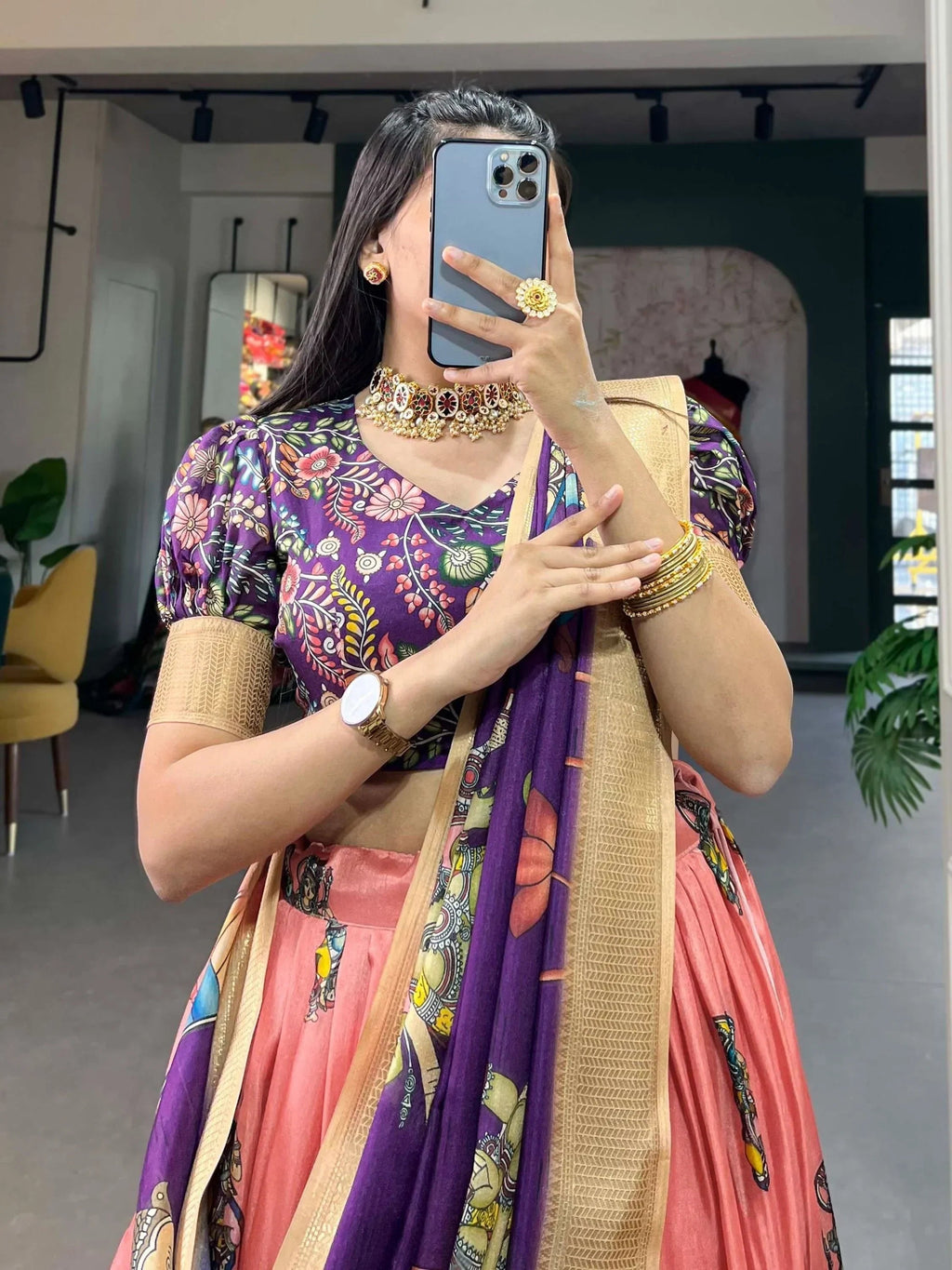 Peach Marvelous Kalamkari Printed Dola Silk Lehenga Choli With Dupatta