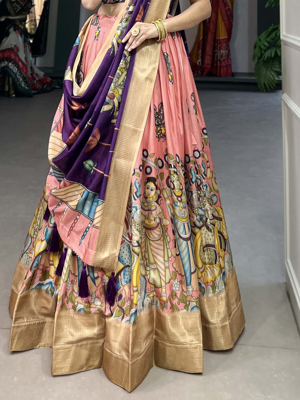 Peach Marvelous Kalamkari Printed Dola Silk Lehenga Choli With Dupatta
