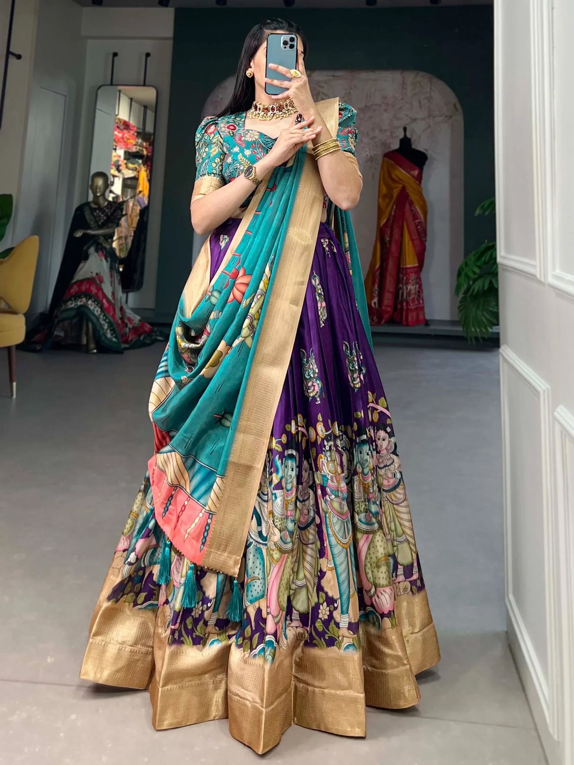 Purple Marvelous Kalamkari Printed Dola Silk Lehenga Choli With Dupatta