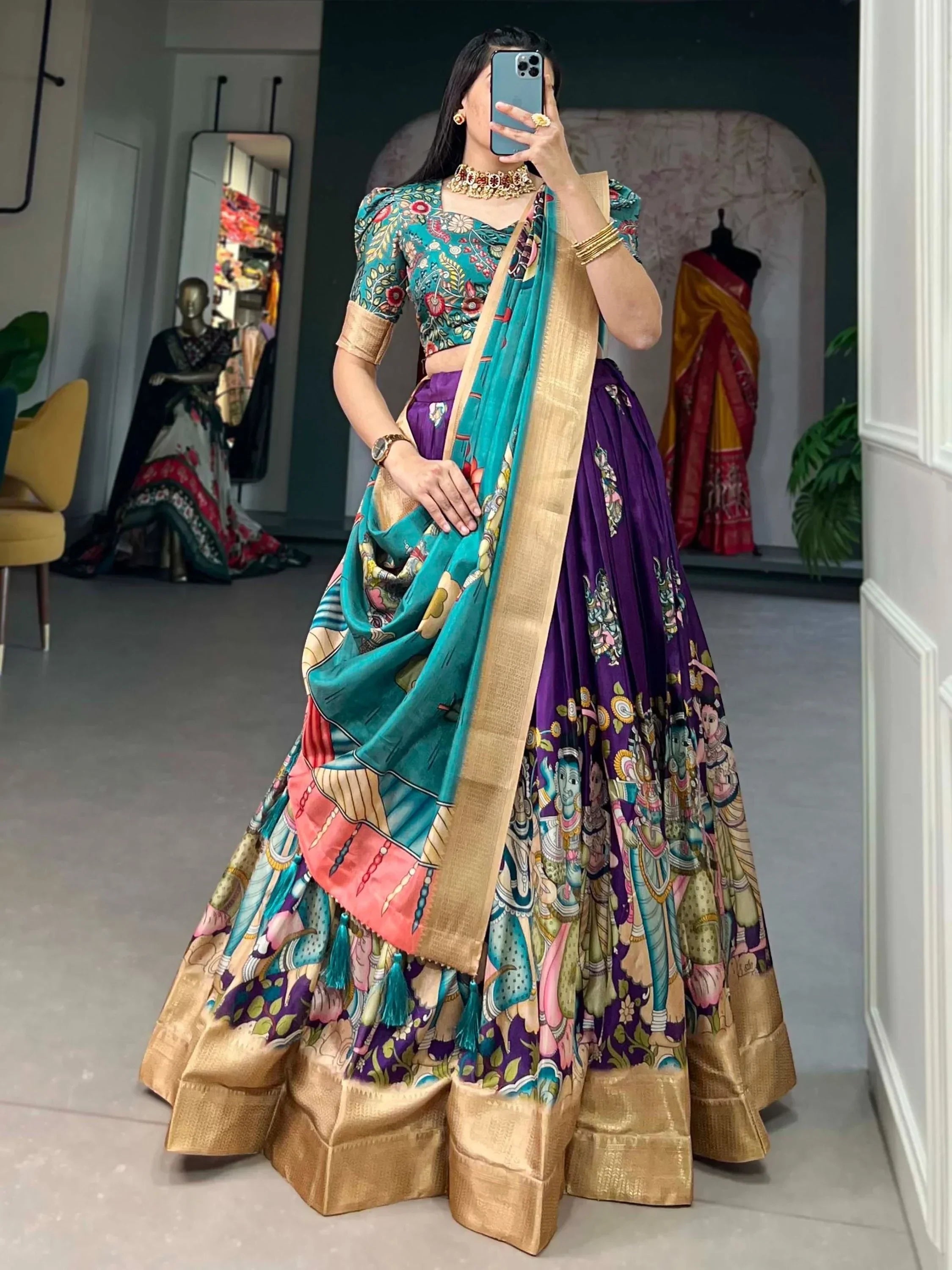 Purple Marvelous Kalamkari Printed Dola Silk Lehenga Choli With Dupatta
