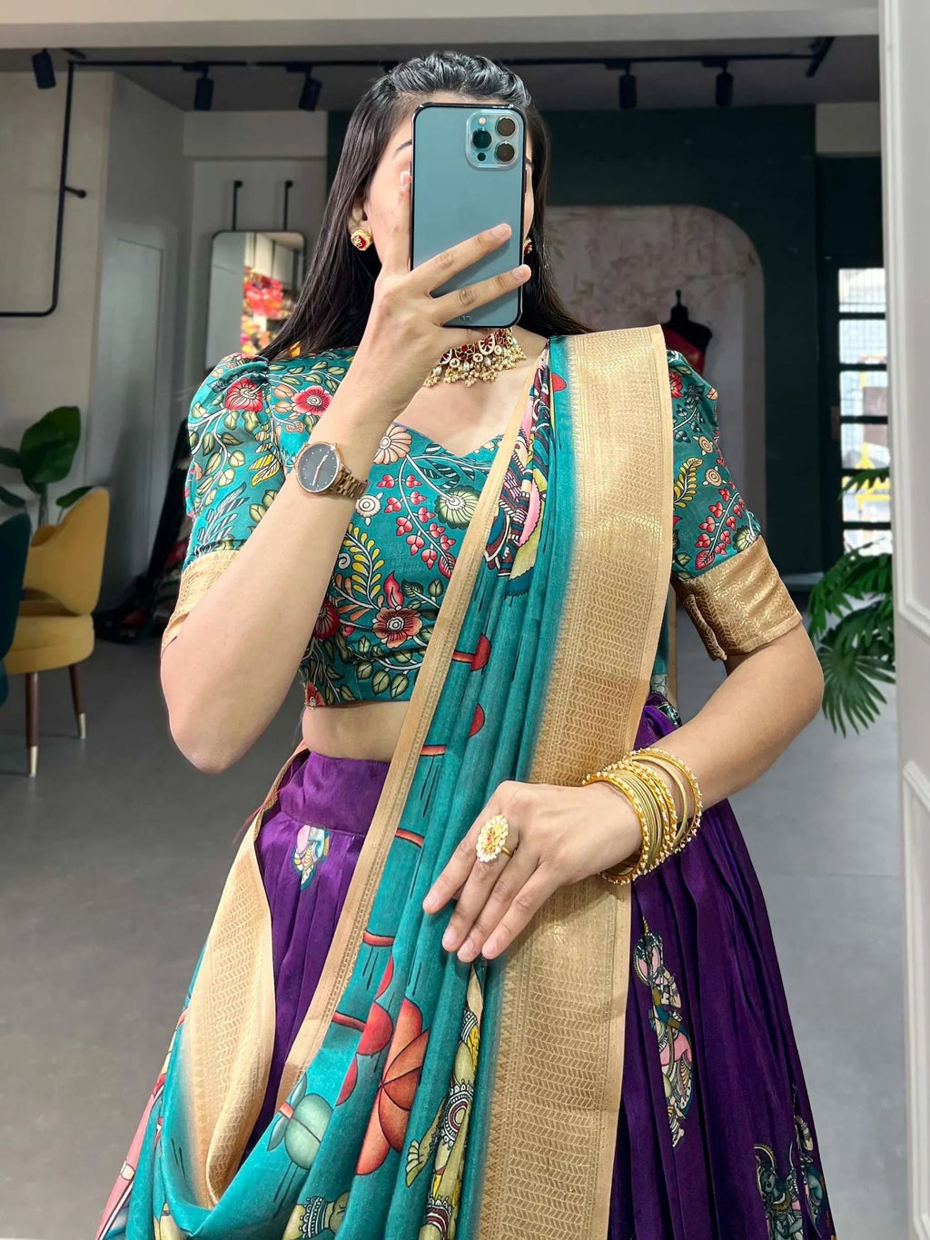 Purple Marvelous Kalamkari Printed Dola Silk Lehenga Choli With Dupatta