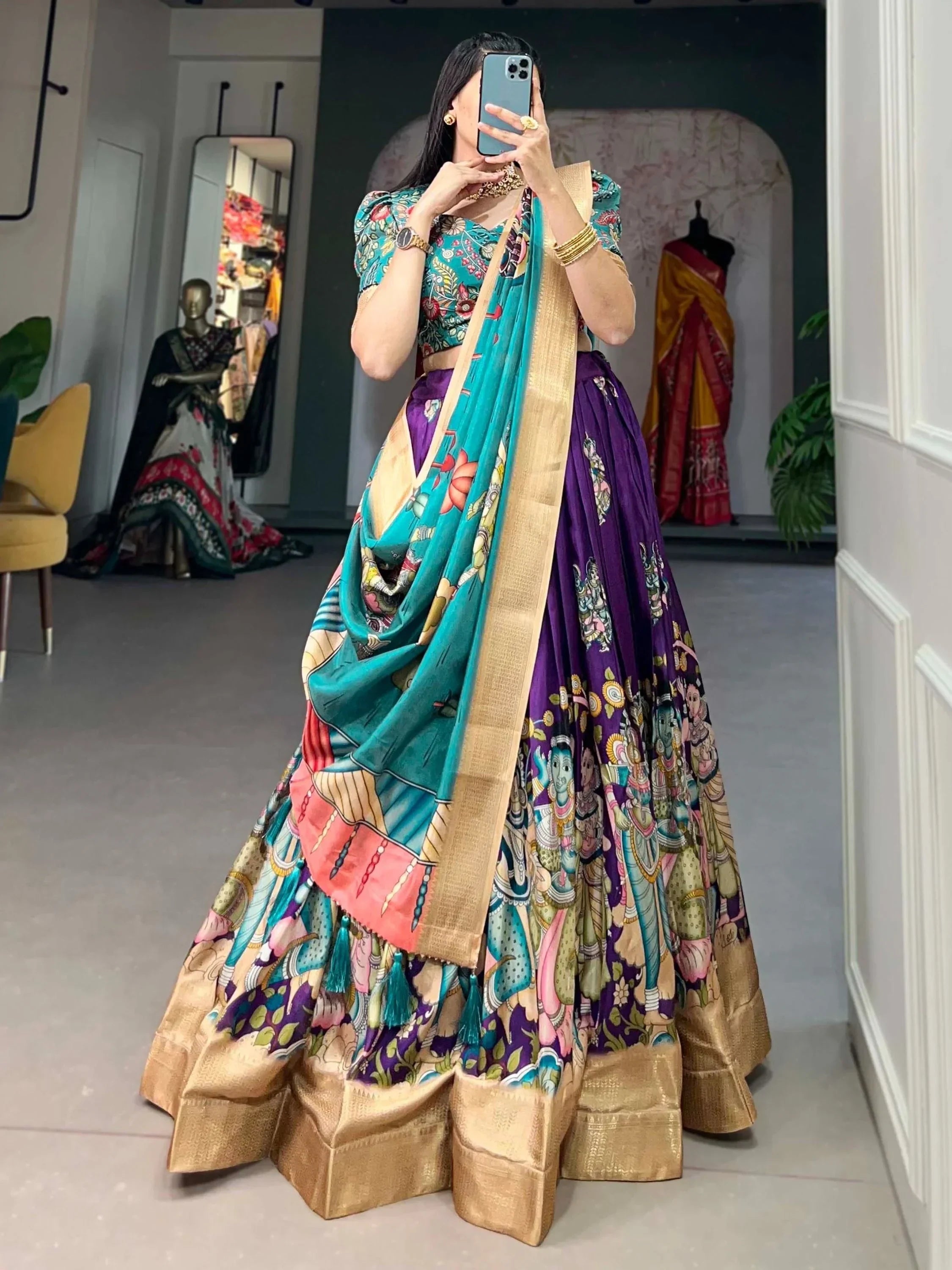 Purple Marvelous Kalamkari Printed Dola Silk Lehenga Choli With Dupatta
