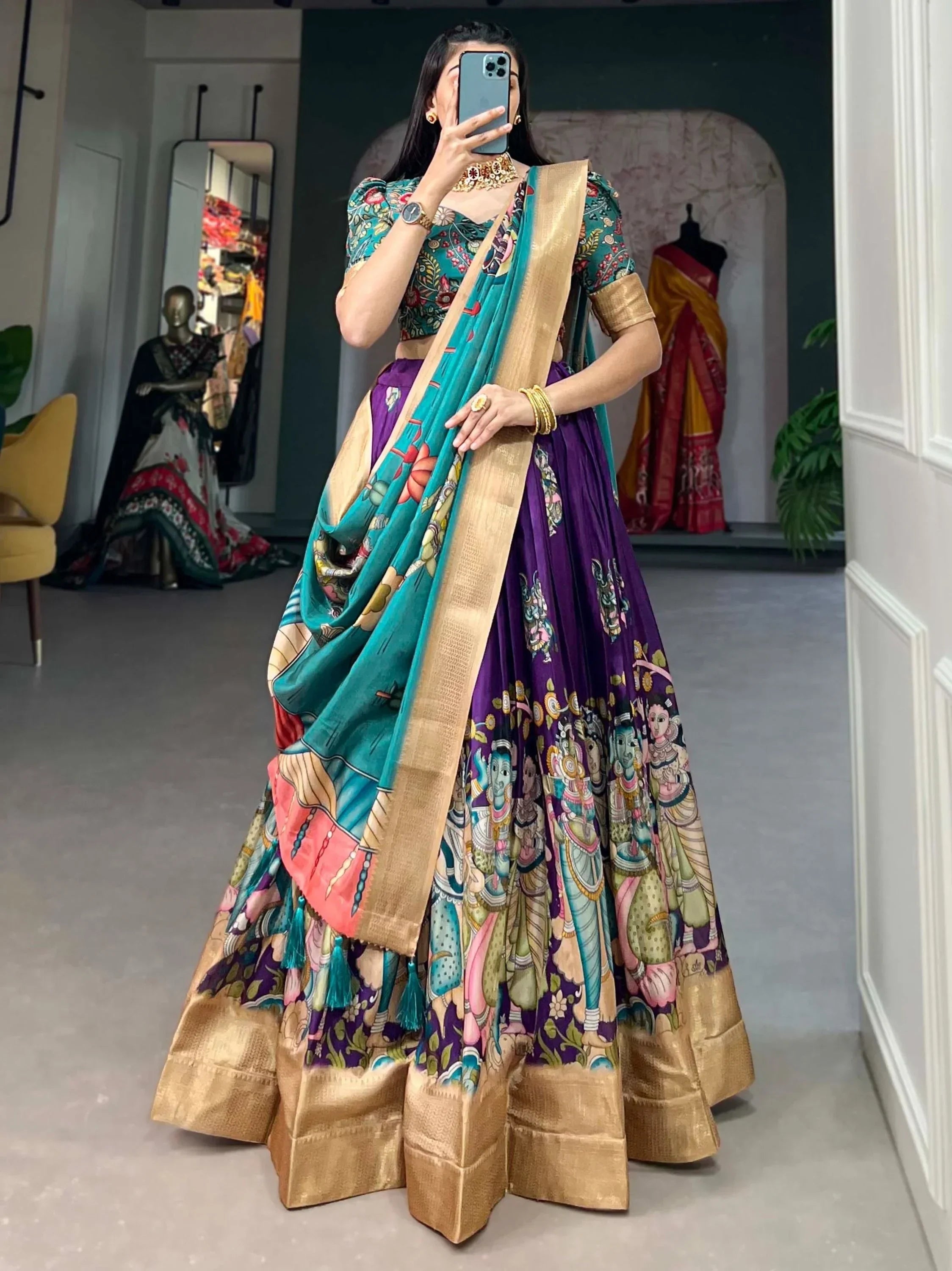Purple Marvelous Kalamkari Printed Dola Silk Lehenga Choli With Dupatta