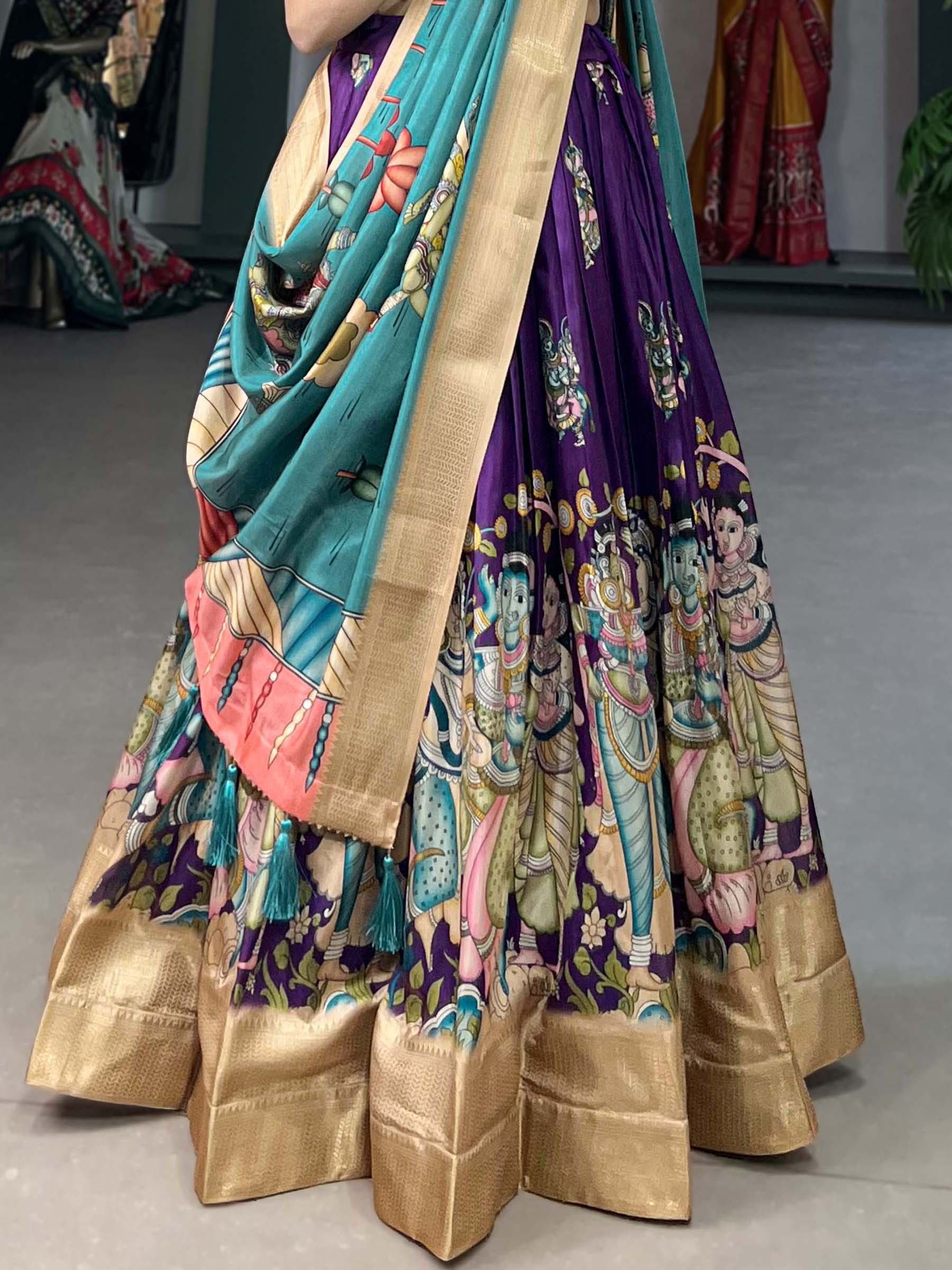 Purple Marvelous Kalamkari Printed Dola Silk Lehenga Choli With Dupatta