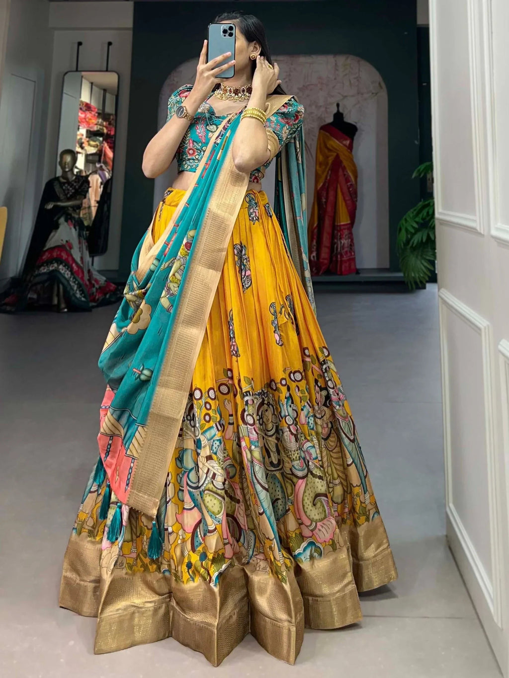Yellow Marvelous Kalamkari Printed Dola Silk Lehenga Choli With Dupatta