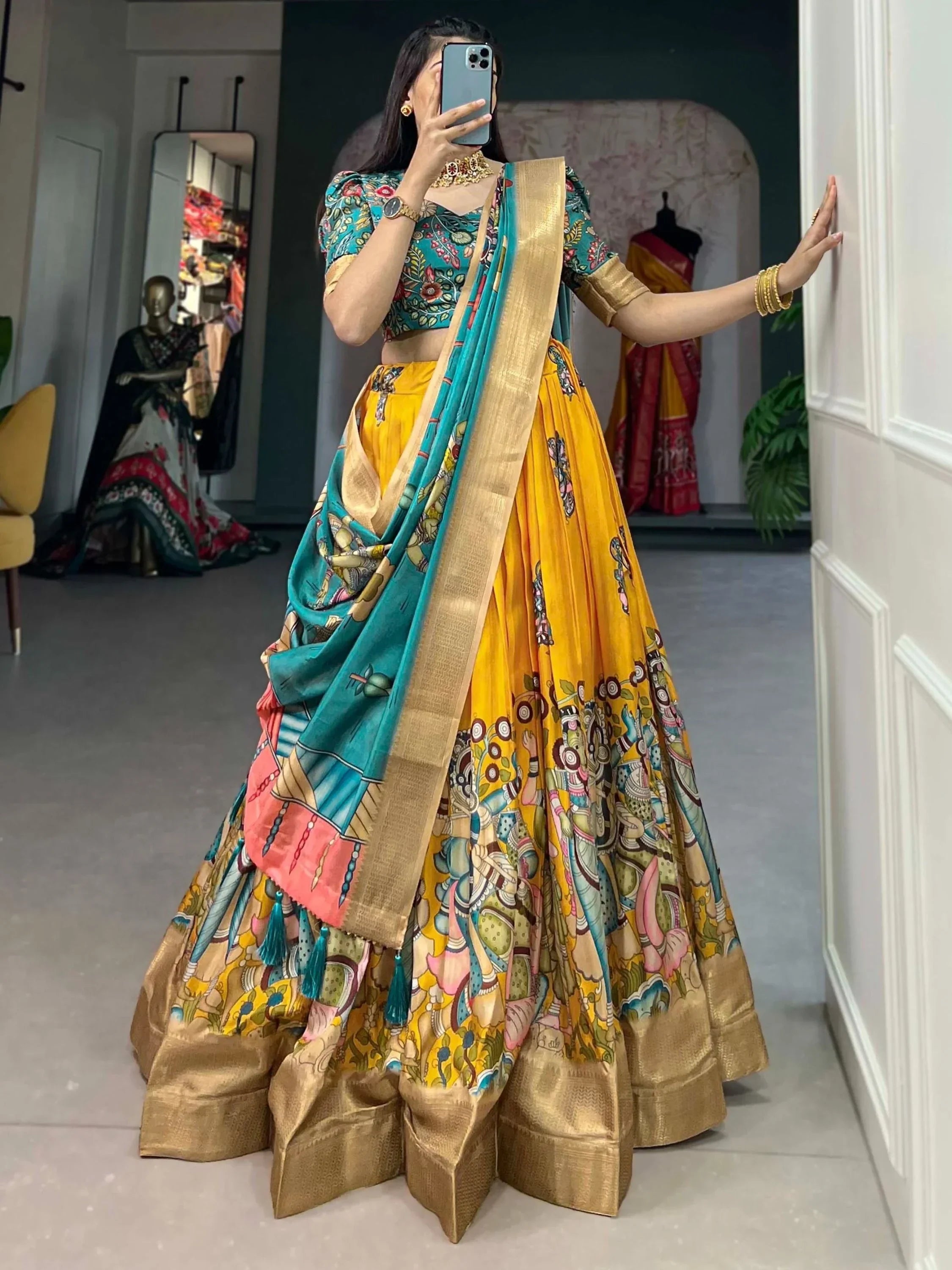 Yellow Marvelous Kalamkari Printed Dola Silk Lehenga Choli With Dupatta
