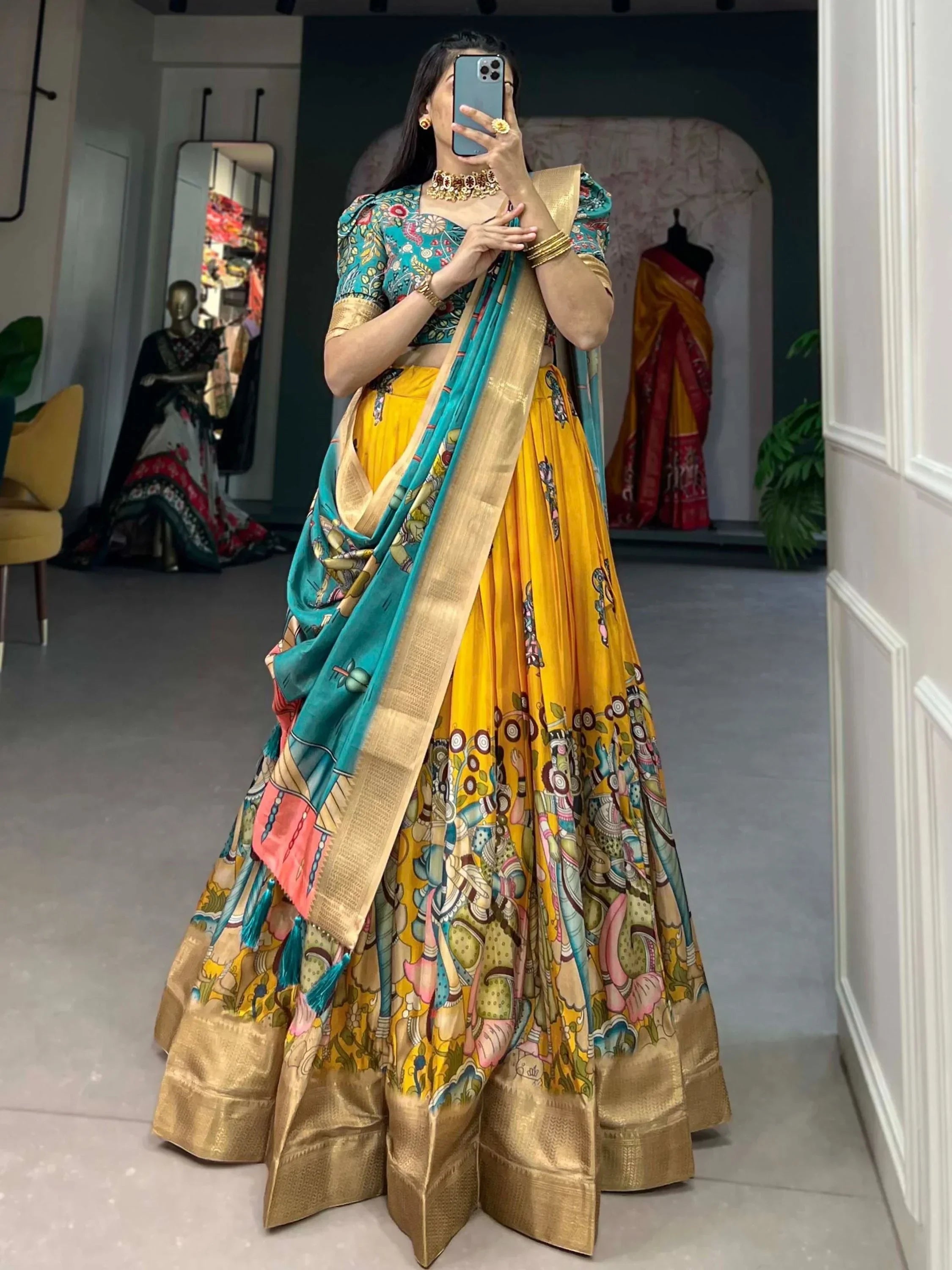 Yellow Marvelous Kalamkari Printed Dola Silk Lehenga Choli With Dupatta