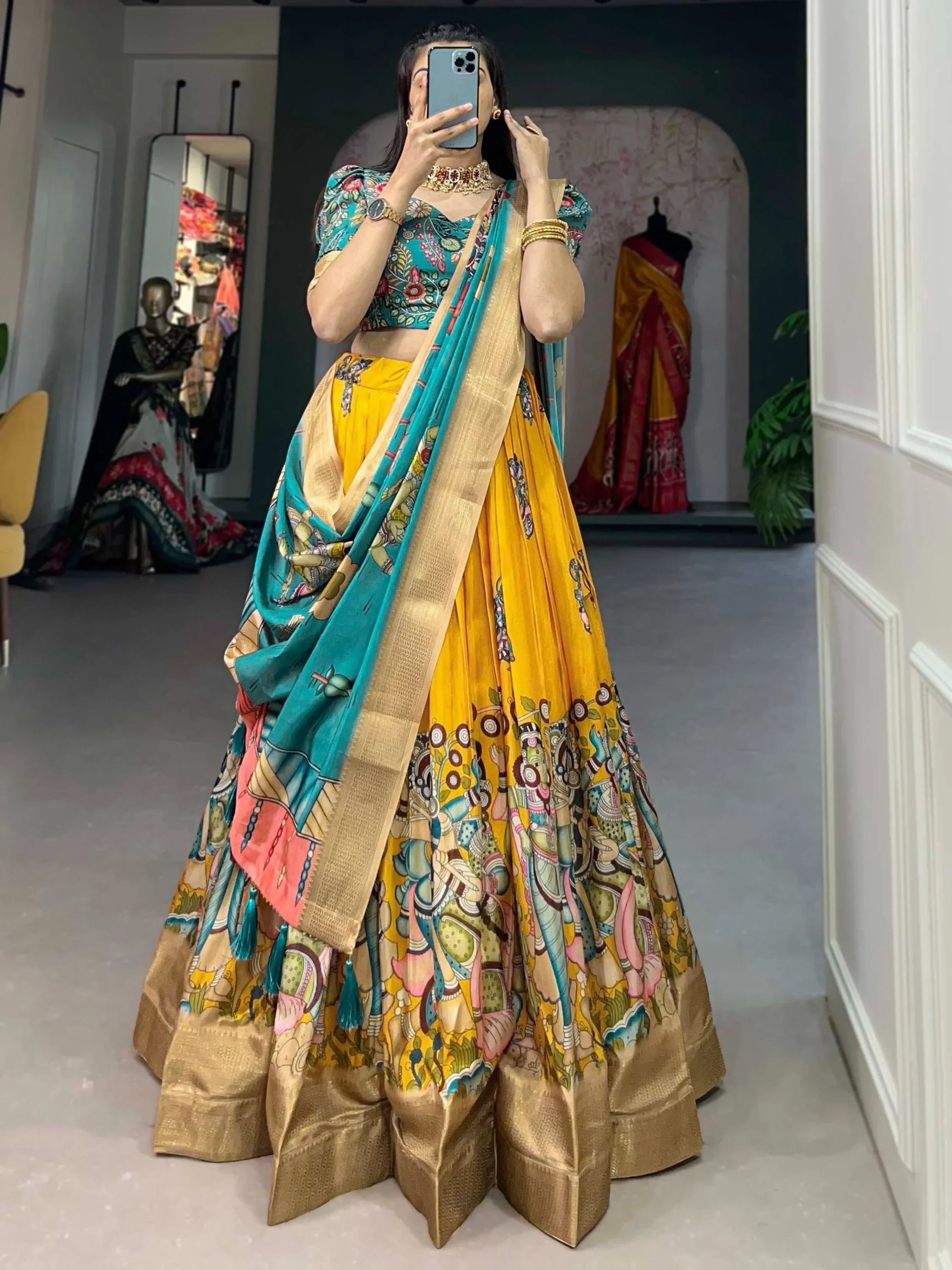 Yellow Marvelous Kalamkari Printed Dola Silk Lehenga Choli With Dupatta