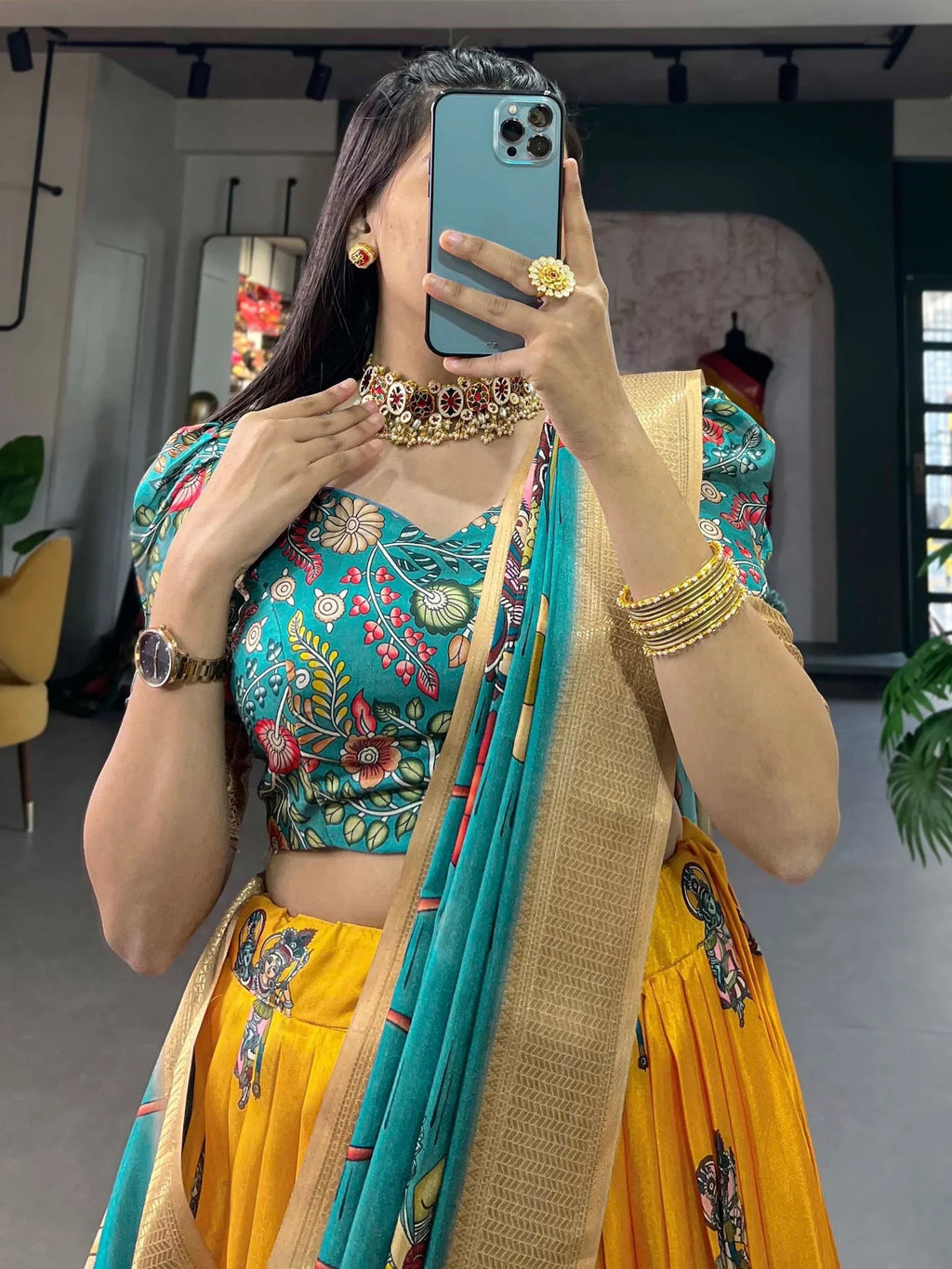 Yellow Marvelous Kalamkari Printed Dola Silk Lehenga Choli With Dupatta