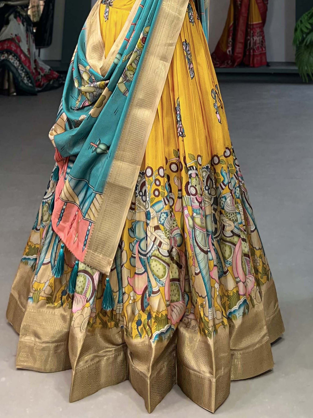 Yellow Marvelous Kalamkari Printed Dola Silk Lehenga Choli With Dupatta