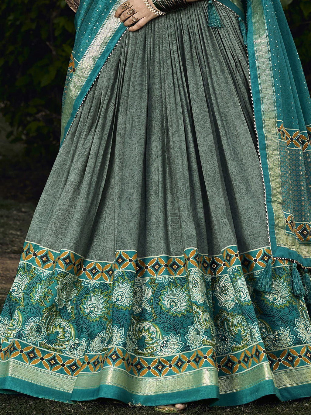 Glamorous Sage Green Digital Printed Tussar Silk Lehenga Choli