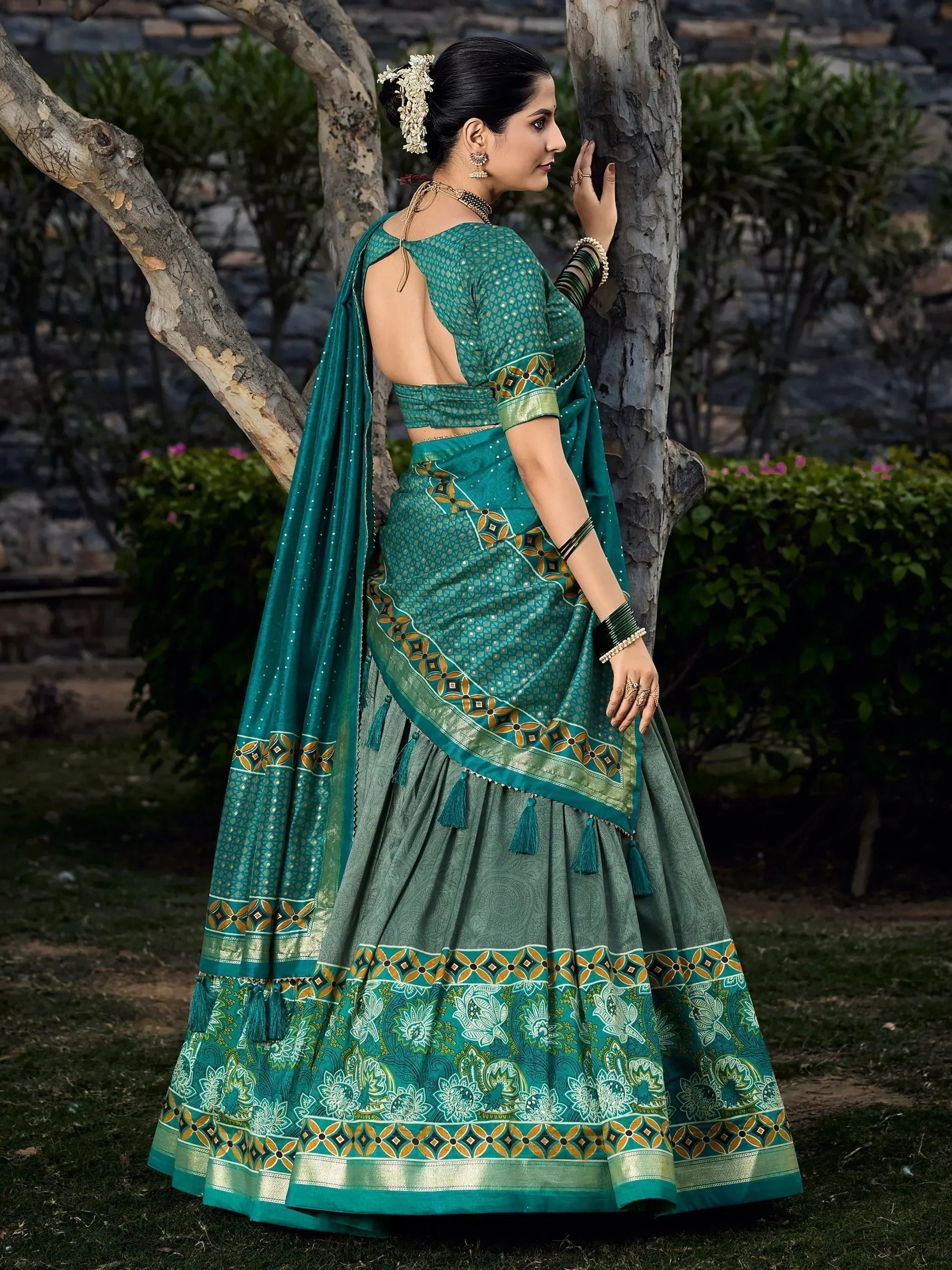 Glamorous Sage Green Digital Printed Tussar Silk Lehenga Choli