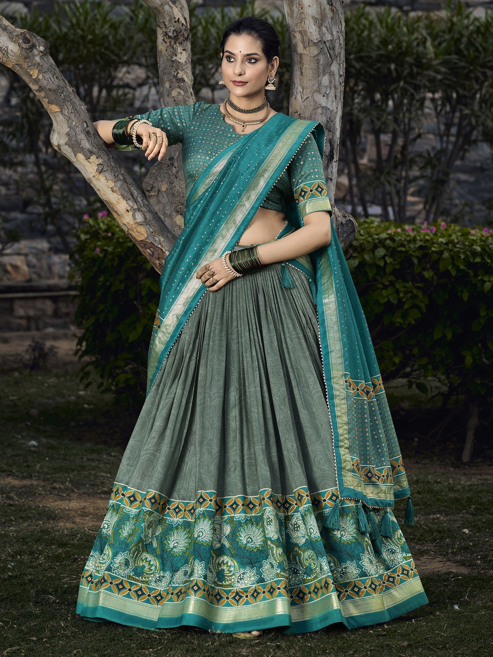 Glamorous Sage Green Digital Printed Tussar Silk Lehenga Choli
