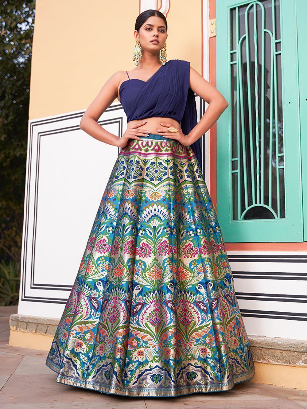 Navy Enchanting Zari Weaving Silk Indo-Western Crop Top Lehenga