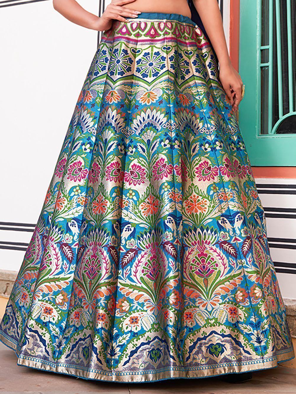 Navy Enchanting Zari Weaving Silk Indo-Western Crop Top Lehenga