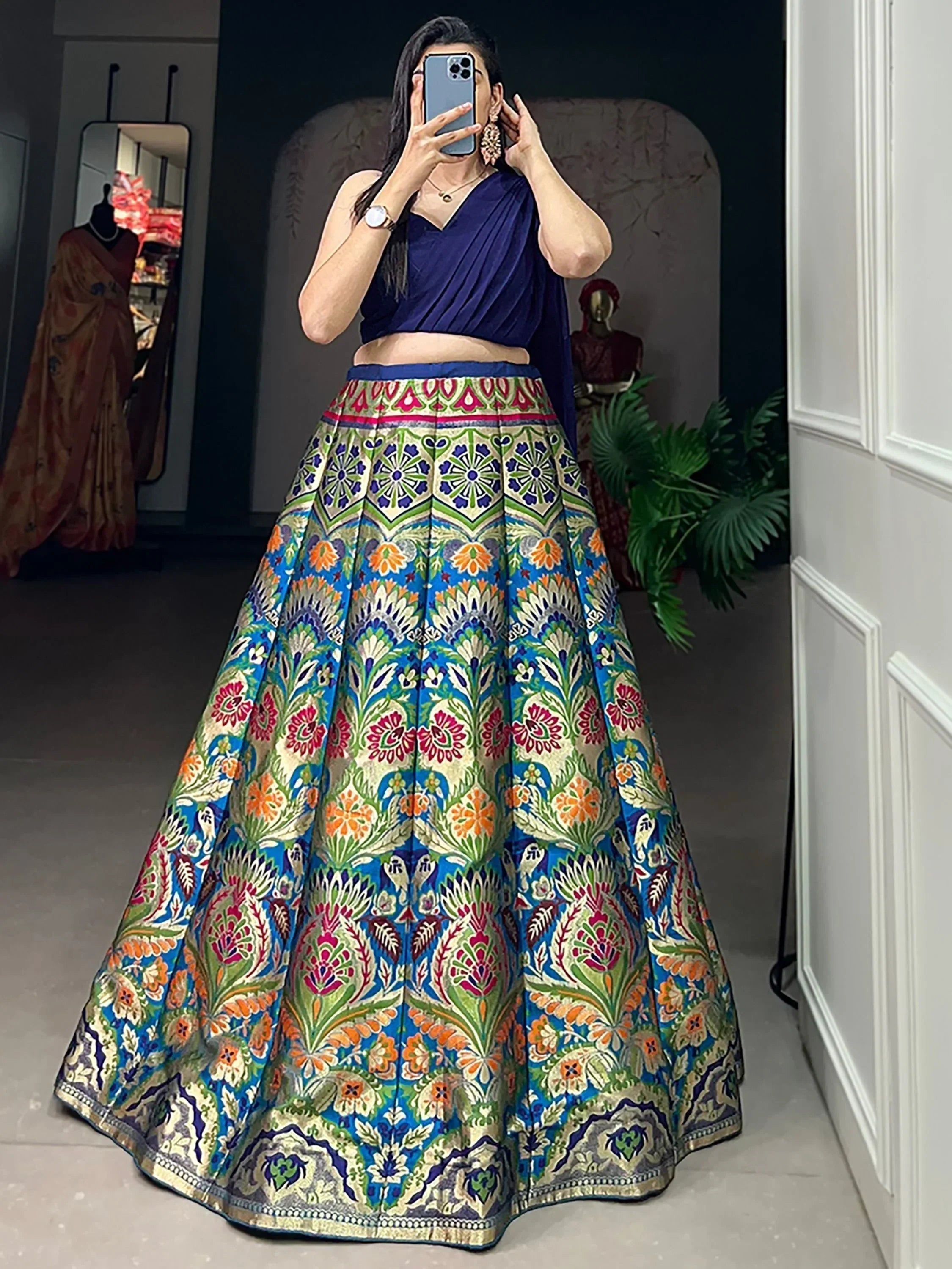 Blue Enchanting Zari Weaving Silk Indo-Western Crop Top Lehenga