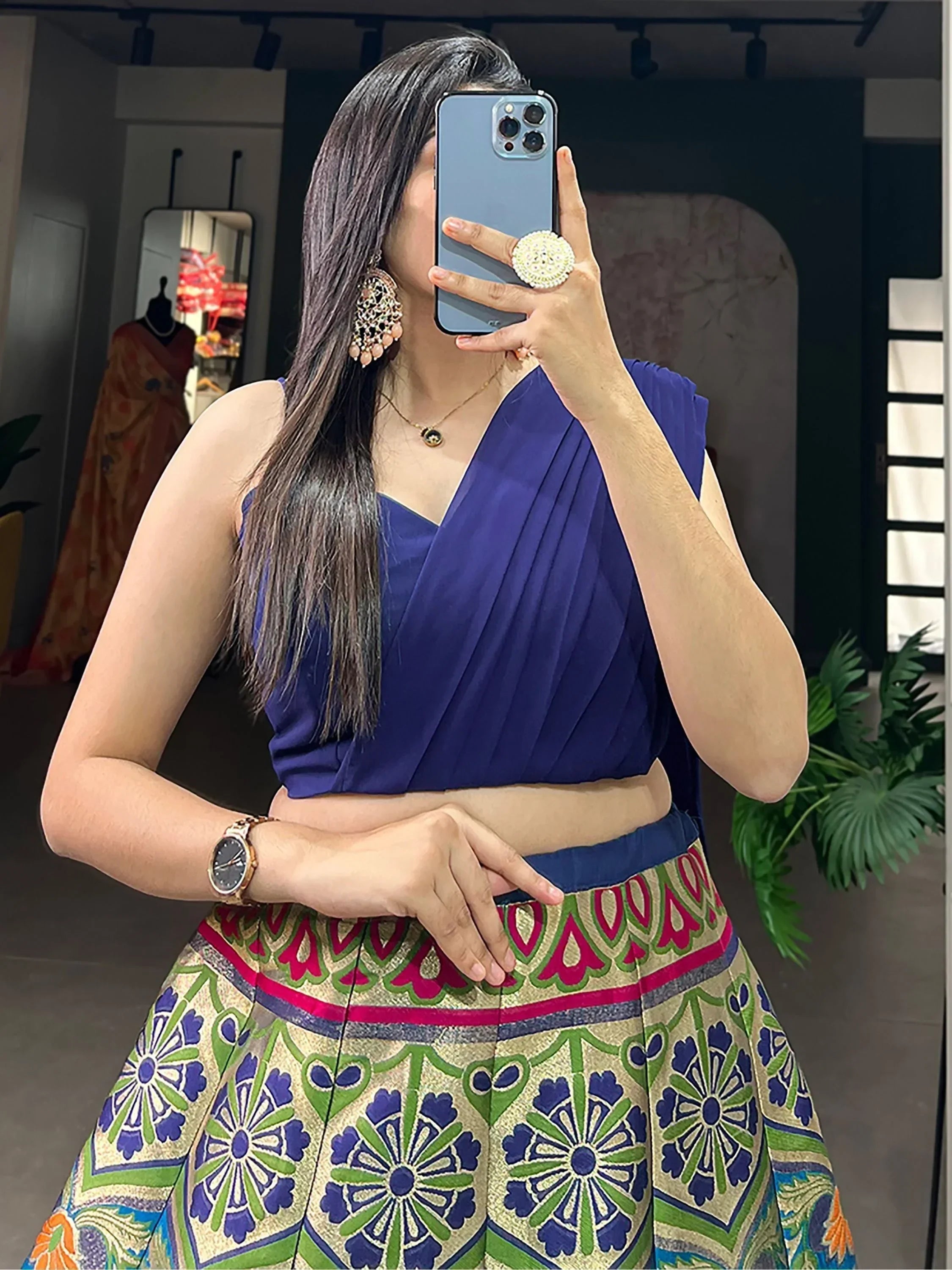 Blue Enchanting Zari Weaving Silk Indo-Western Crop Top Lehenga