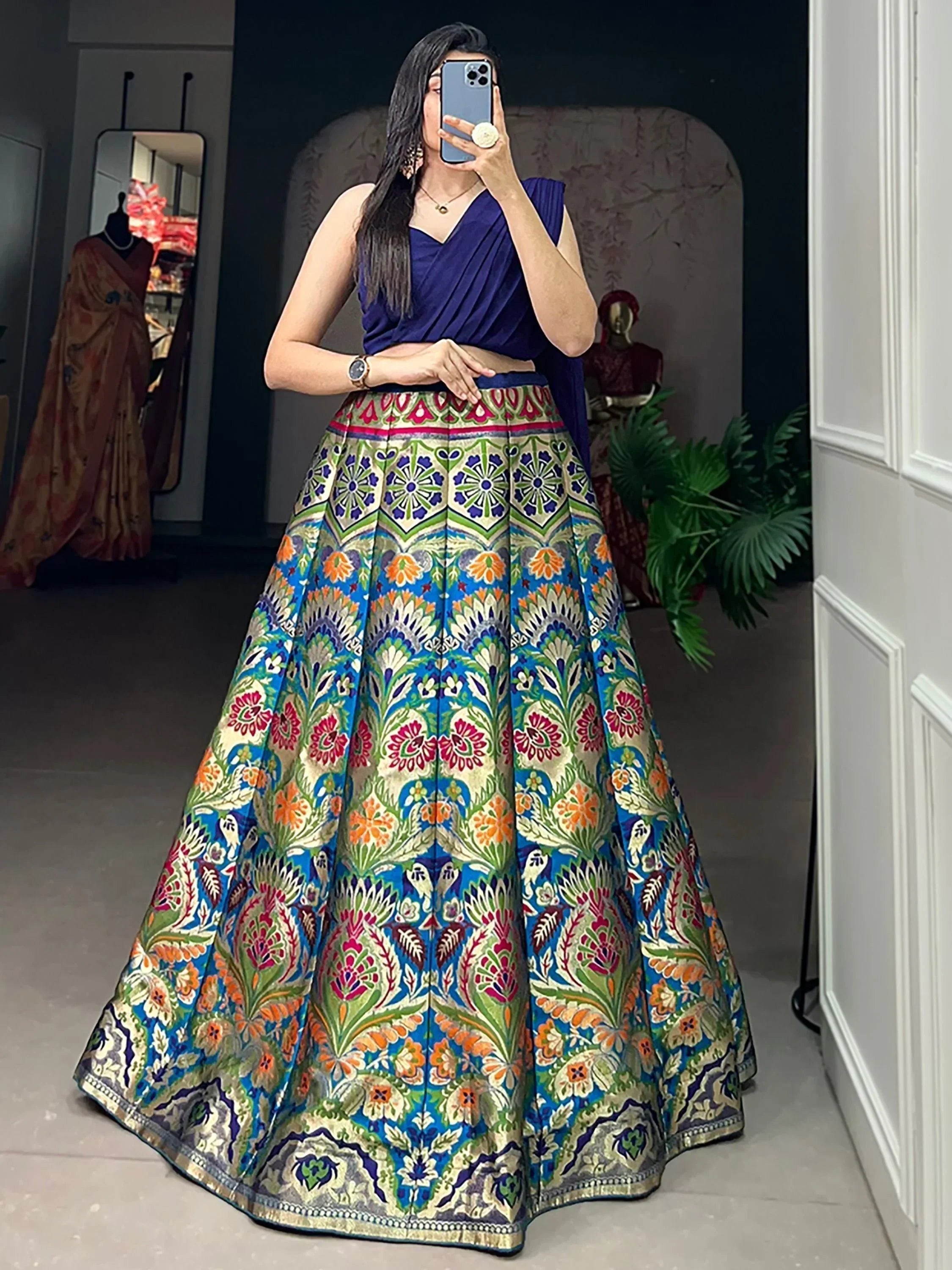 Blue Enchanting Zari Weaving Silk Indo-Western Crop Top Lehenga