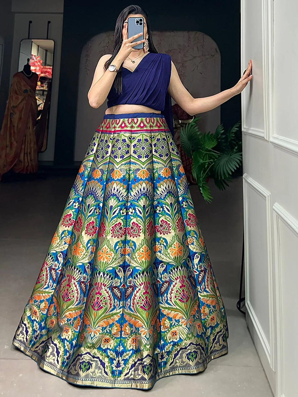 Blue Enchanting Zari Weaving Silk Indo-Western Crop Top Lehenga