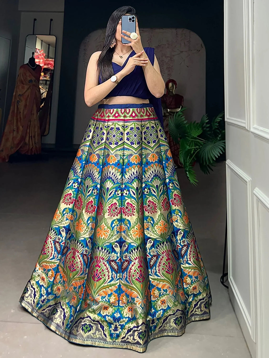 Blue Enchanting Zari Weaving Silk Indo-Western Crop Top Lehenga