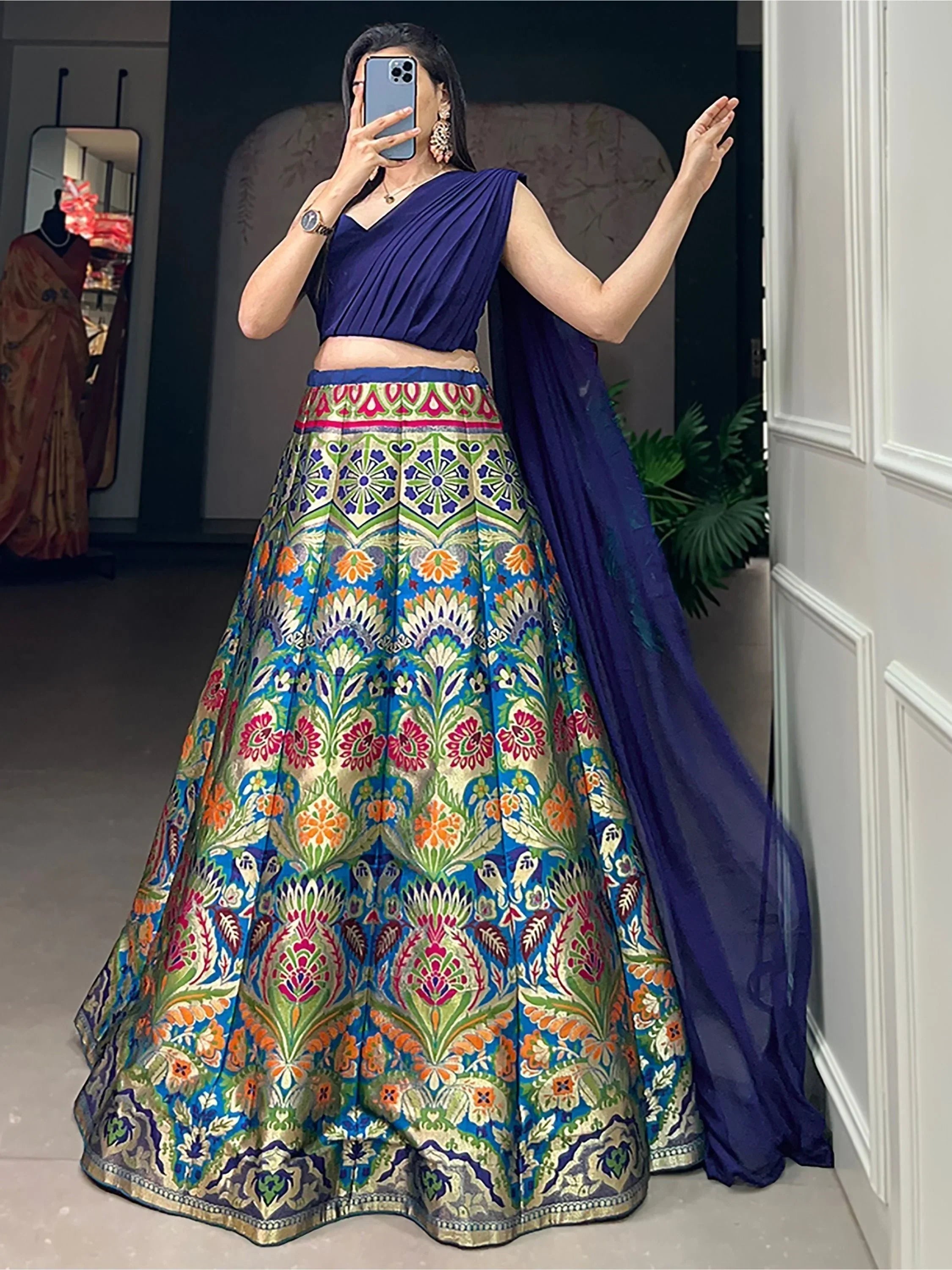 Blue Enchanting Zari Weaving Silk Indo-Western Crop Top Lehenga