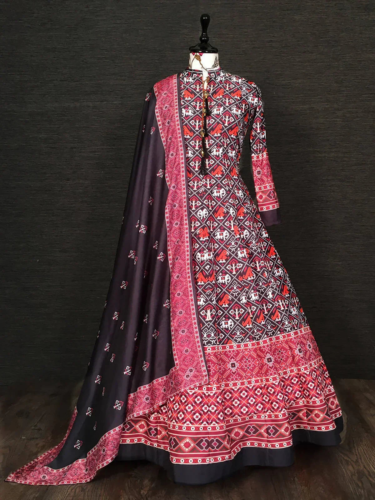 Black Amazing Patola Printed Silk Traditional Gown With Dupatta