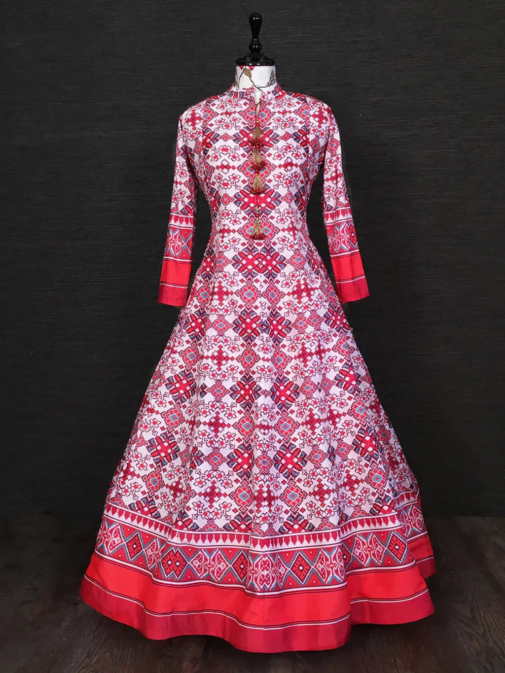 White Amazing Patola Printed Silk Traditional Gown With Dupatta