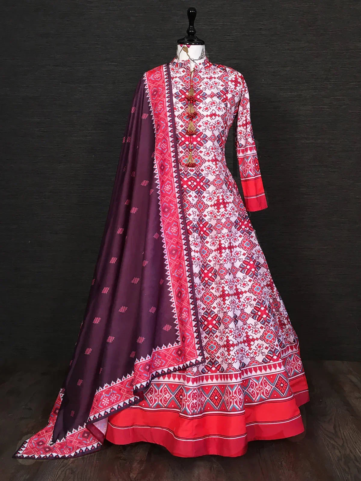 White Amazing Patola Printed Silk Traditional Gown With Dupatta