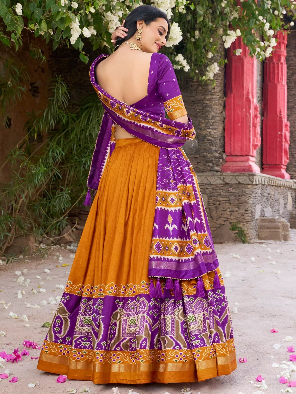 Mustard Alluring Patola Printed Tussar Silk Traditional Lehenga Choli