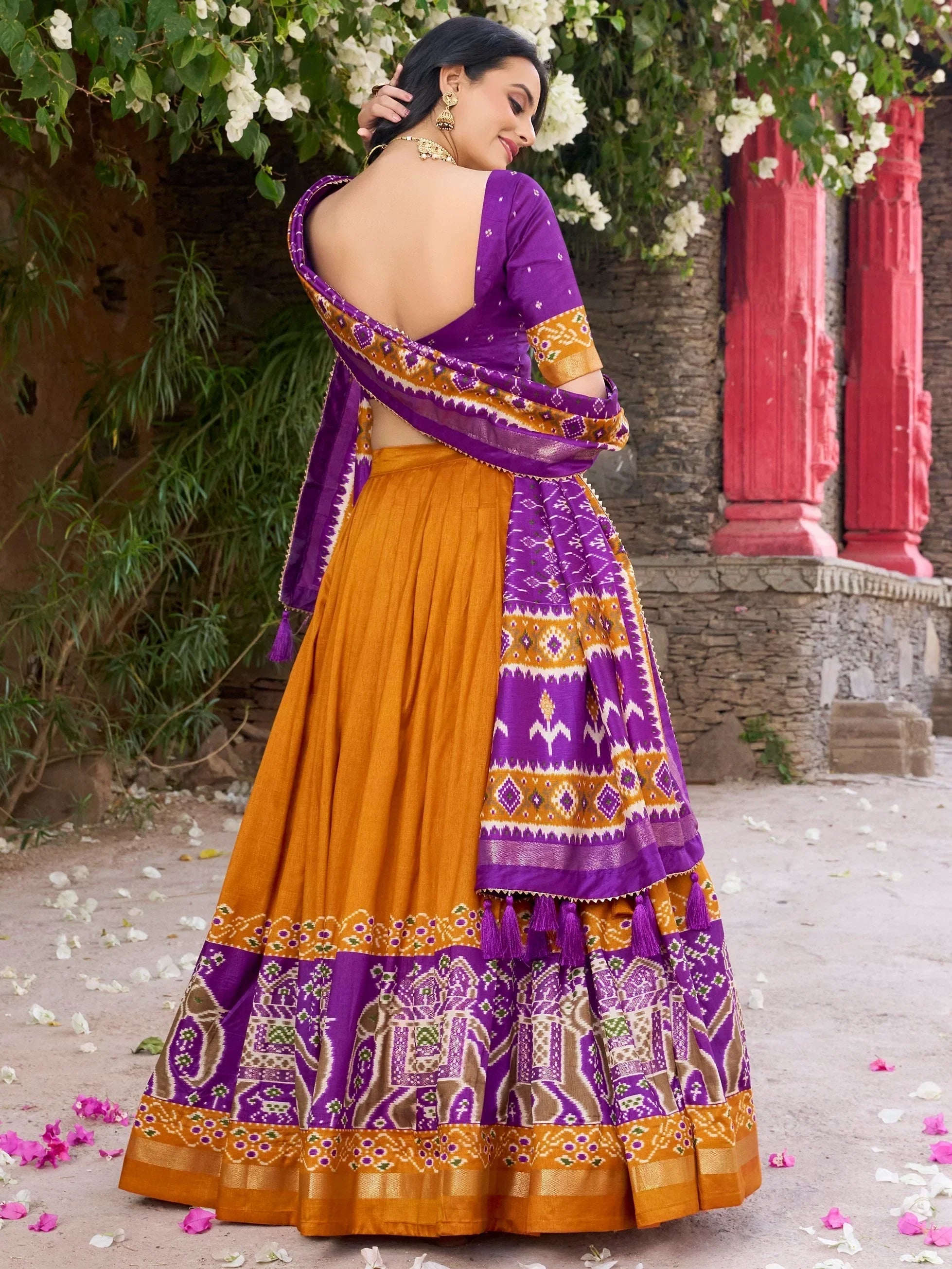 Mustard Alluring Patola Printed Tussar Silk Traditional Lehenga Choli