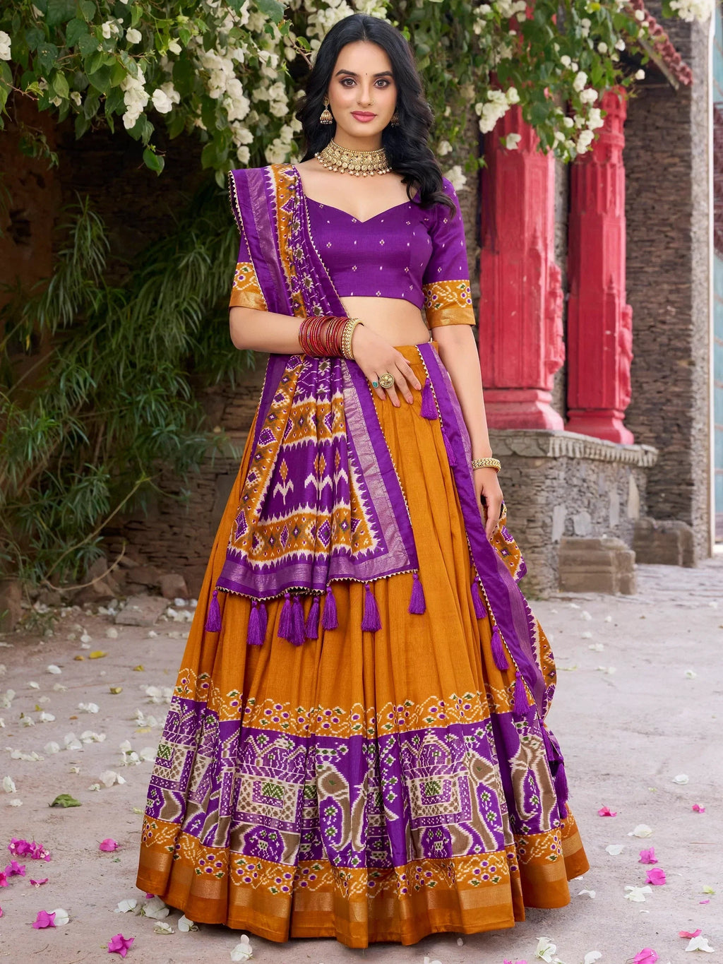 Mustard Alluring Patola Printed Tussar Silk Traditional Lehenga Choli