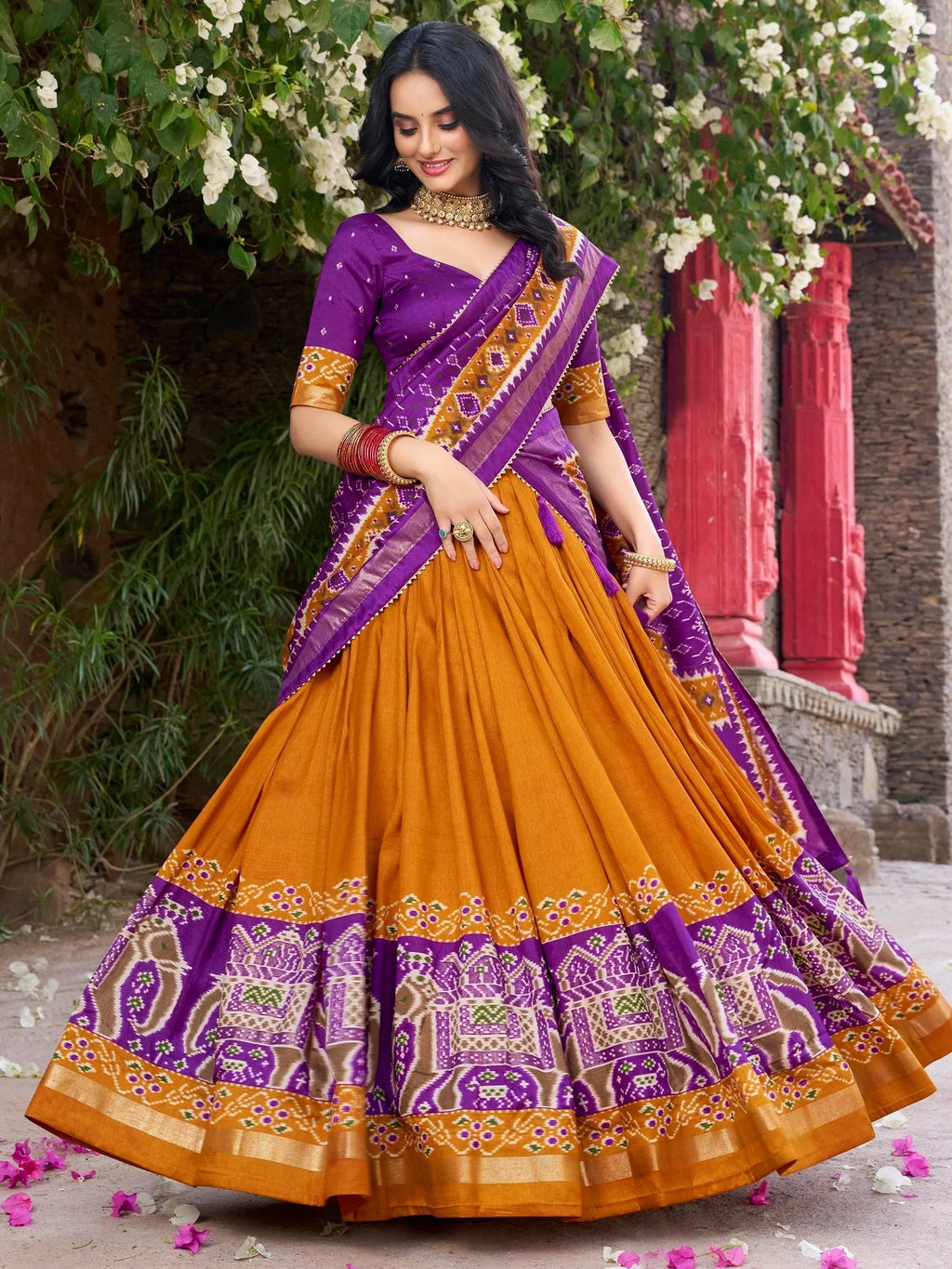 Mustard Alluring Patola Printed Tussar Silk Traditional Lehenga Choli