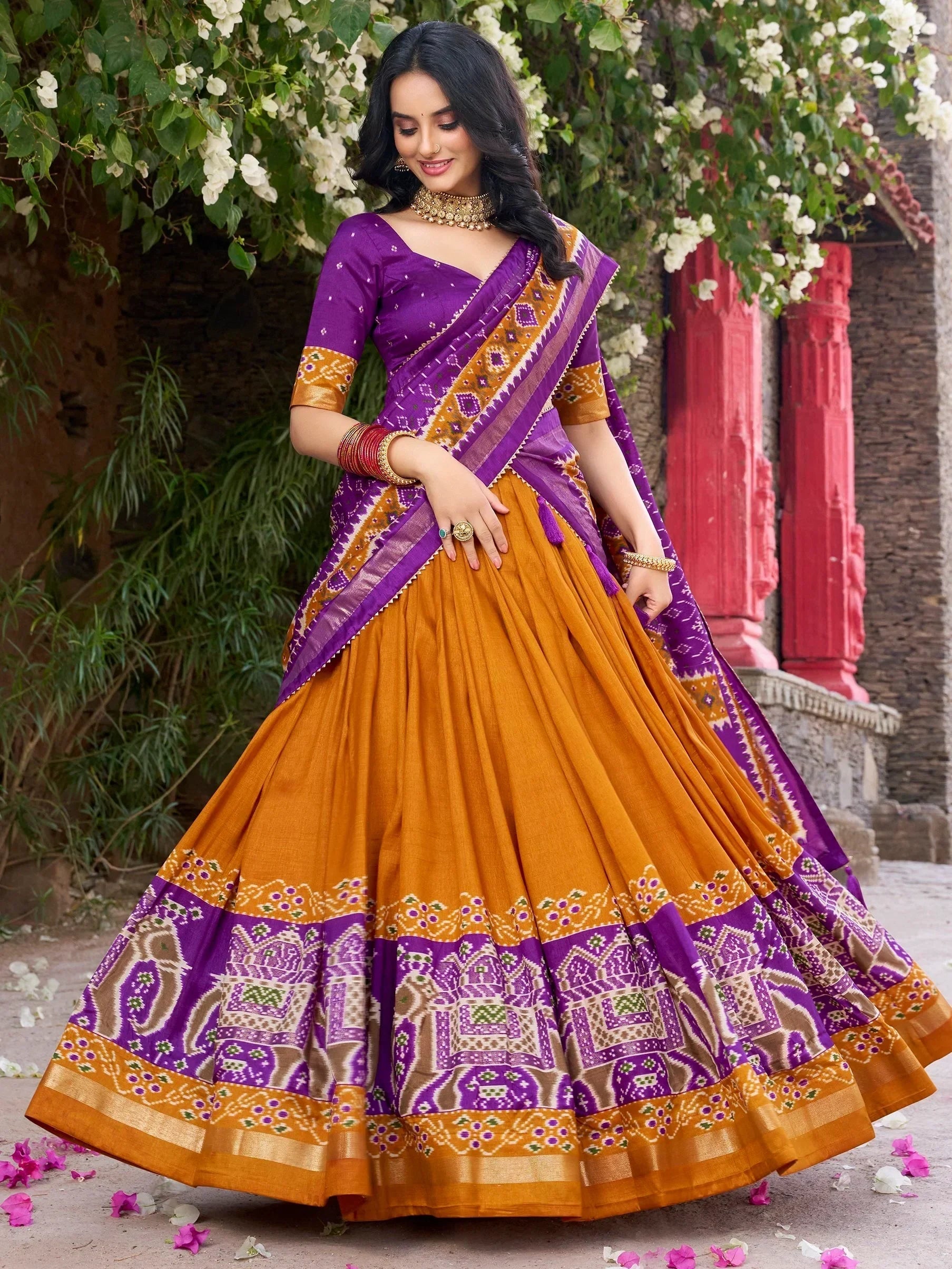 Mustard Alluring Patola Printed Tussar Silk Traditional Lehenga Choli